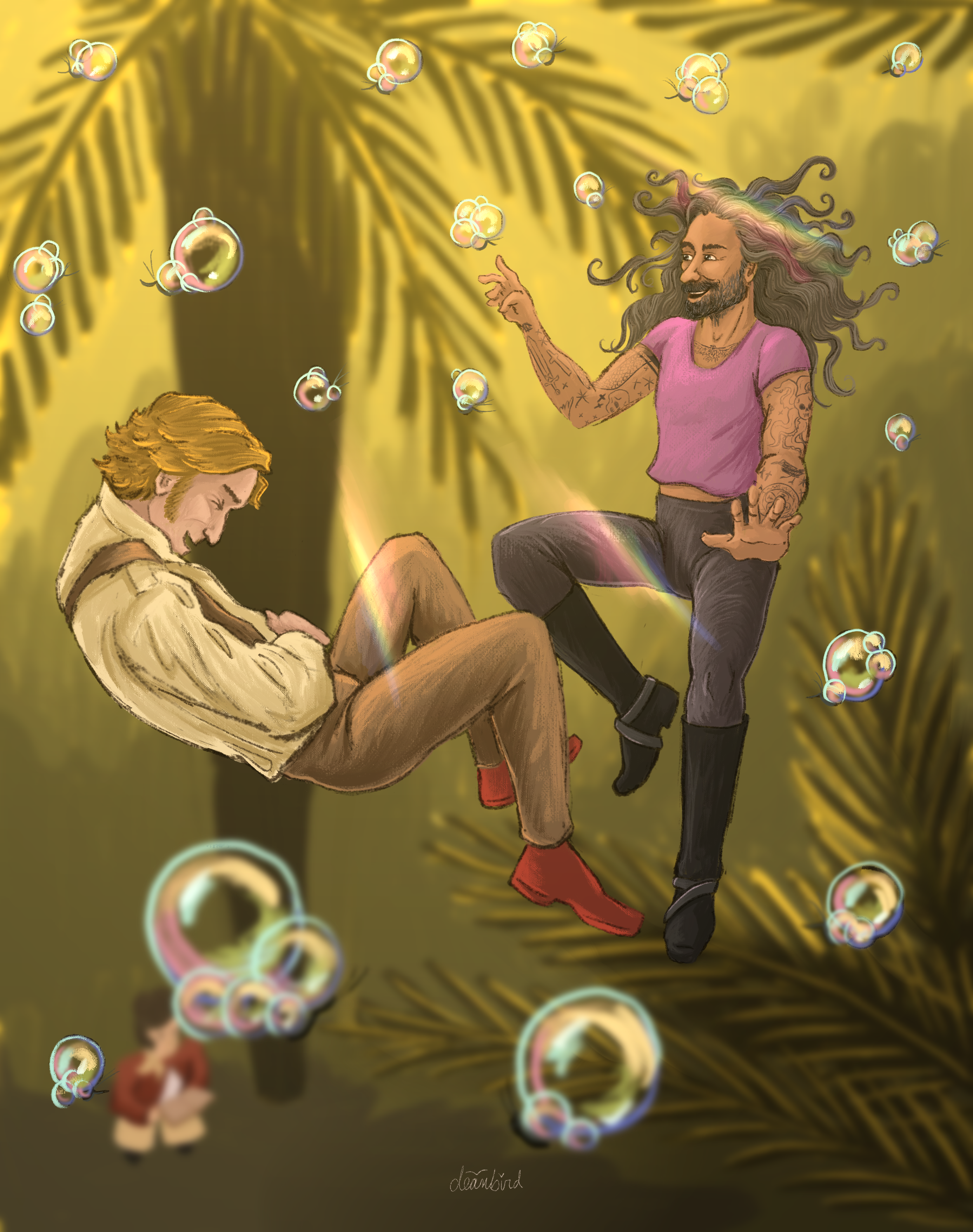 Stede and Ed floating in midair among the tree canopy and tons of little bubble insects. Stede is curled up in laughter and Ed is reaching out to poke one of the bubbles. Ed's hair is floating around his head. Down below, there's a blurry shape resembling Lucius.