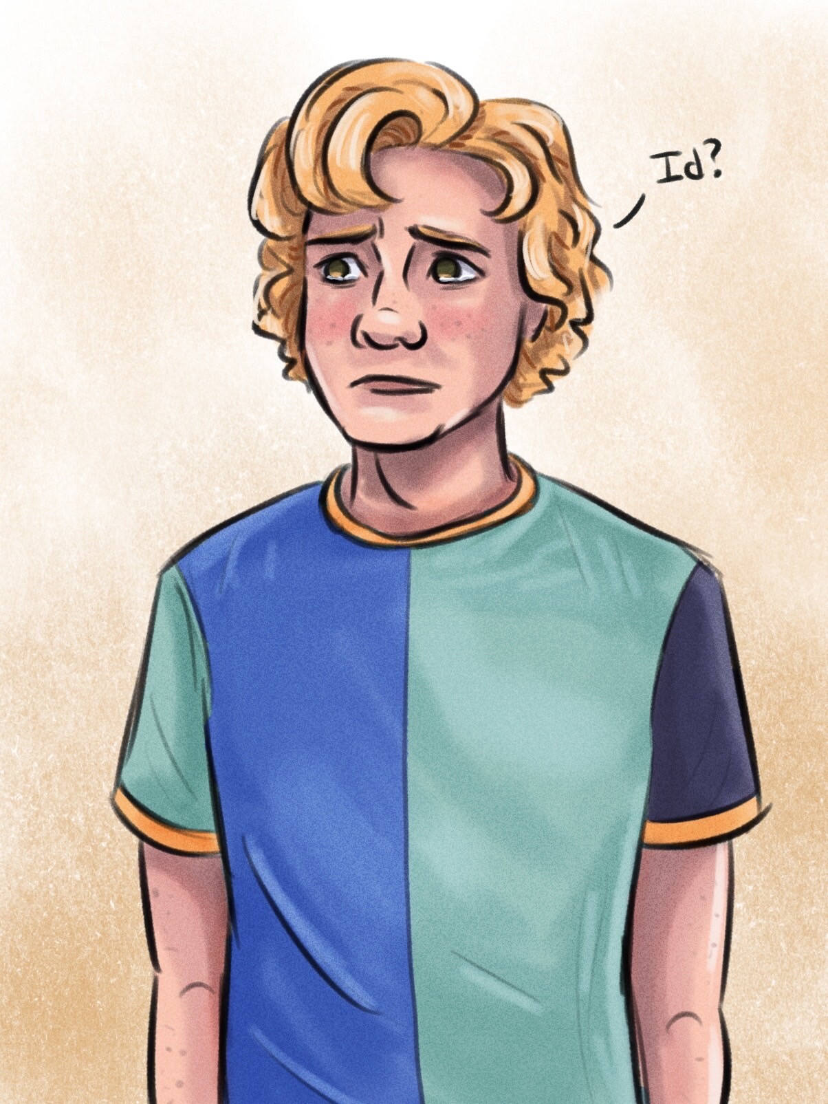 Stede in a color-block t-shirt looking distressed, saying “Id?”