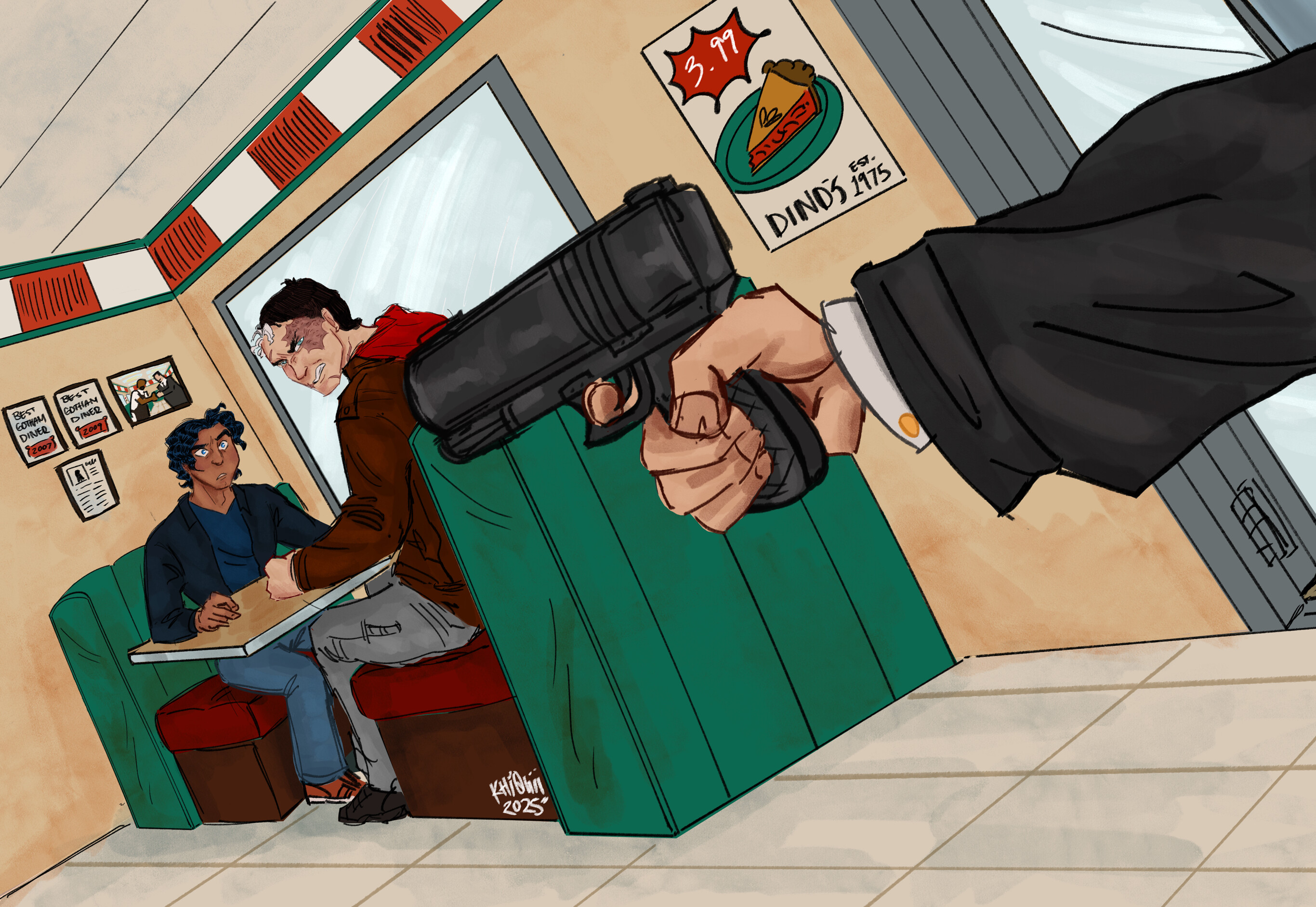Dick Grayson and Jason Todd, both in civilian clothing, sit in a booth in a 1950s style diner facing each other. However, they are looking at the man pointing a handgun at them both. Dick has a look of confused disbelief on his face, while Jason snarls in anger and annoyance.