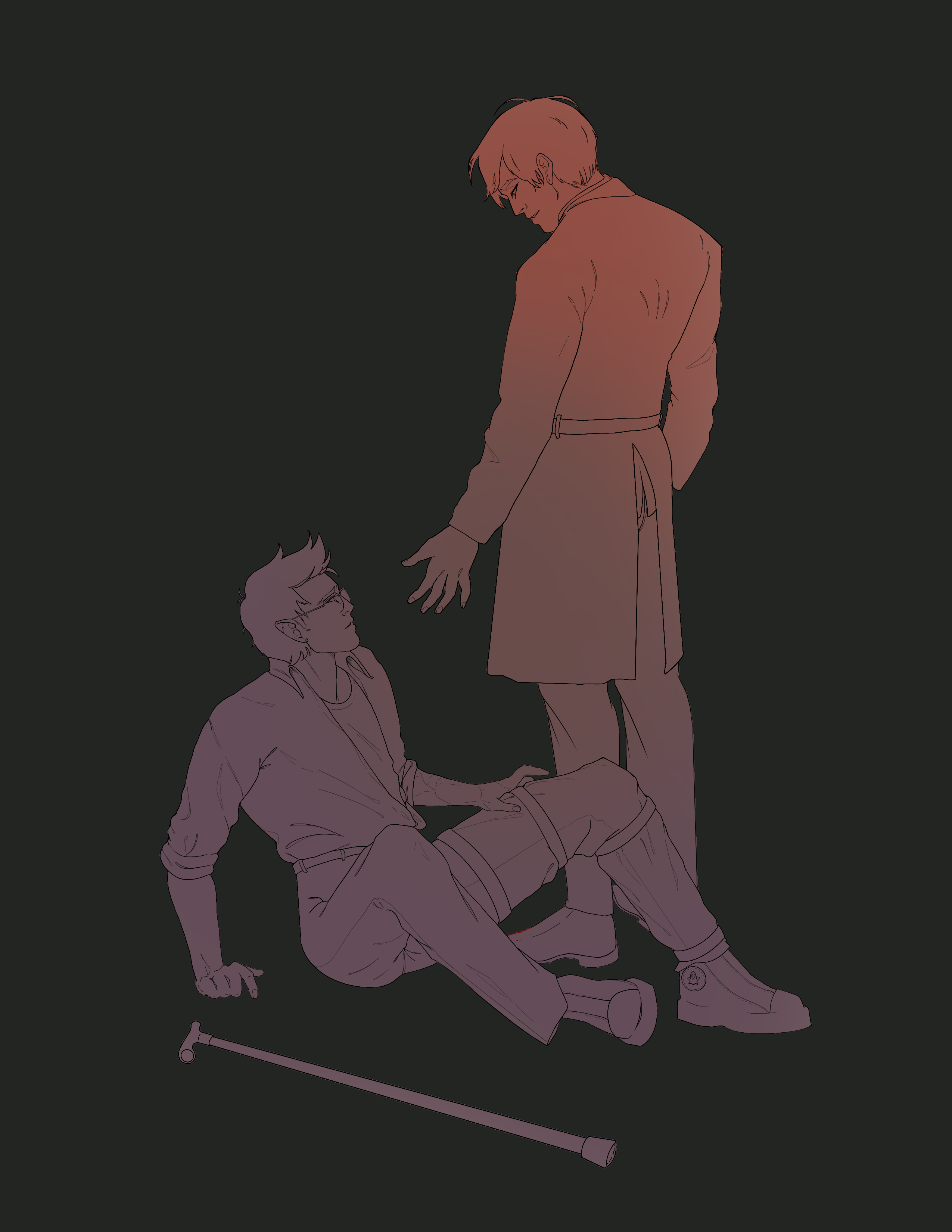Danny Fenton is on the ground, having been bumped into, and is looking up at Bruce Wayne, who is offering him a hand up, with mild shock.