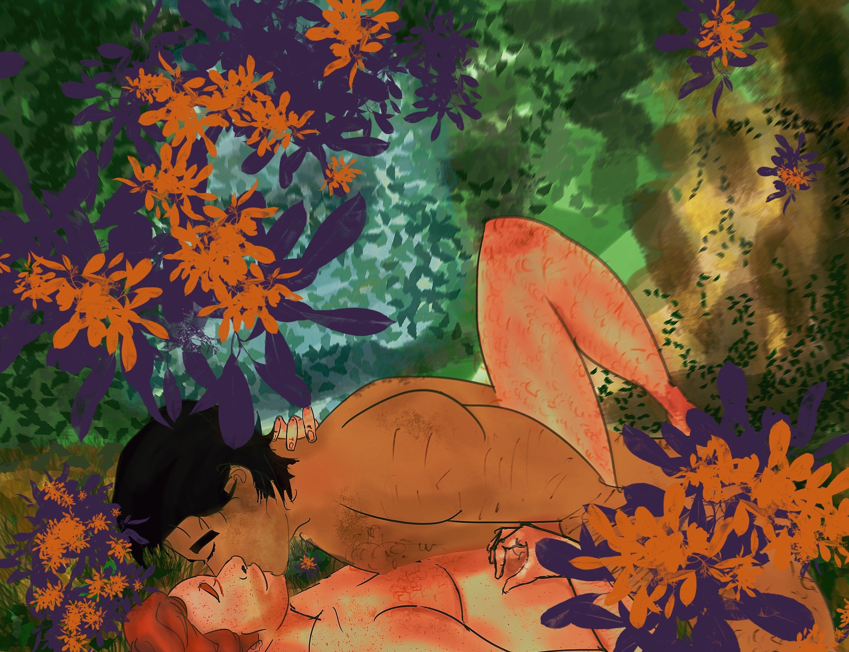 Cal Kestis and Bode Akuna from the video game Star Wars Jedi: Survivor, in a forest on the planet Koboh, entangled in an amorous and suggestive embrace, surrounded by vibrant purple and orange flowers