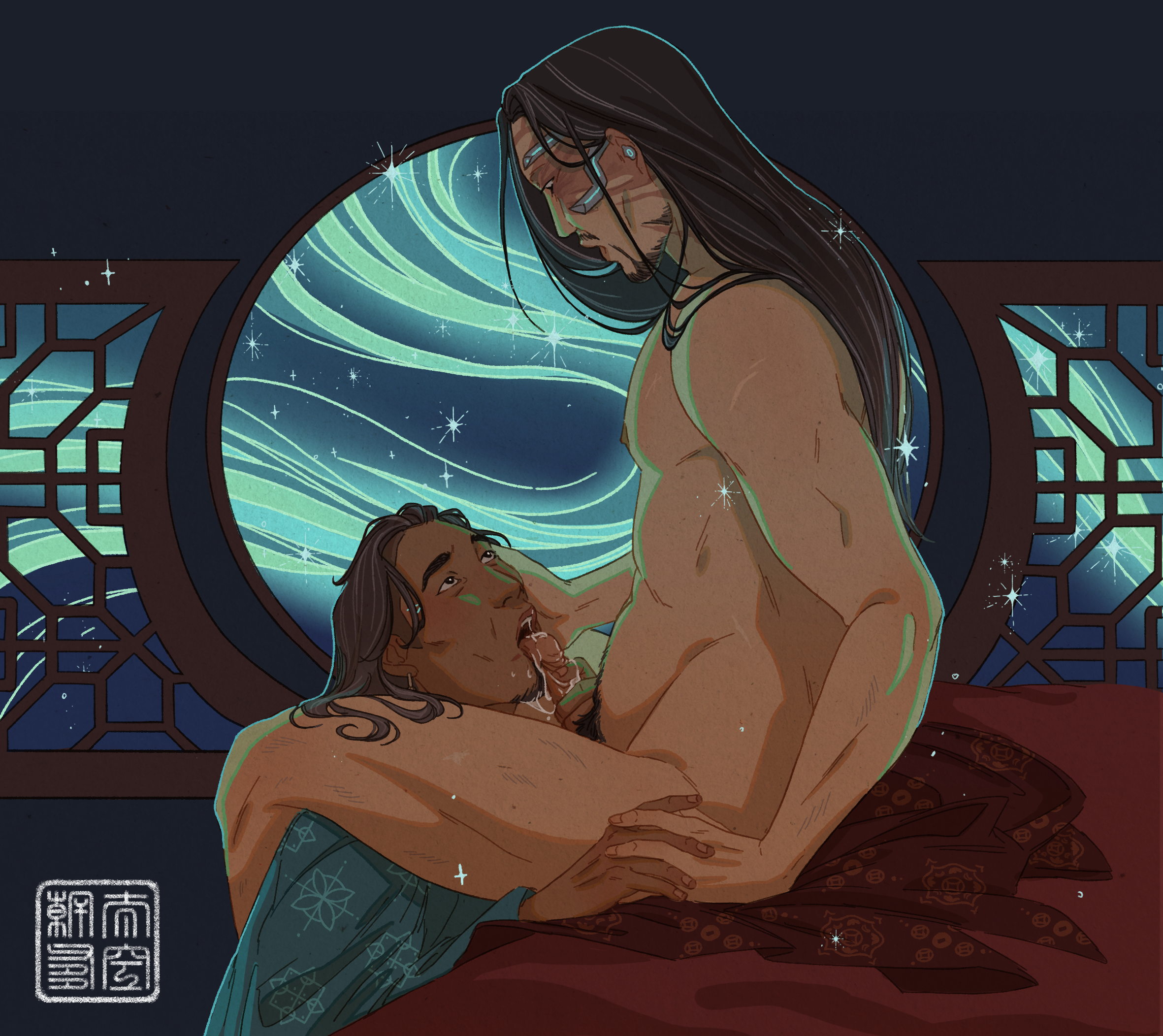 A coloured drawing of Sokka and Zuko. Zuko is naked and sitting on the bed. Sokka is on his knees between his legs and is licking his cock, looking up at him with pleading eyes. Their hands are interlocked. Behind them there's a circular window out of which you can see the night sky and with a blazing aurora, and there are tiny stars all over the picture.