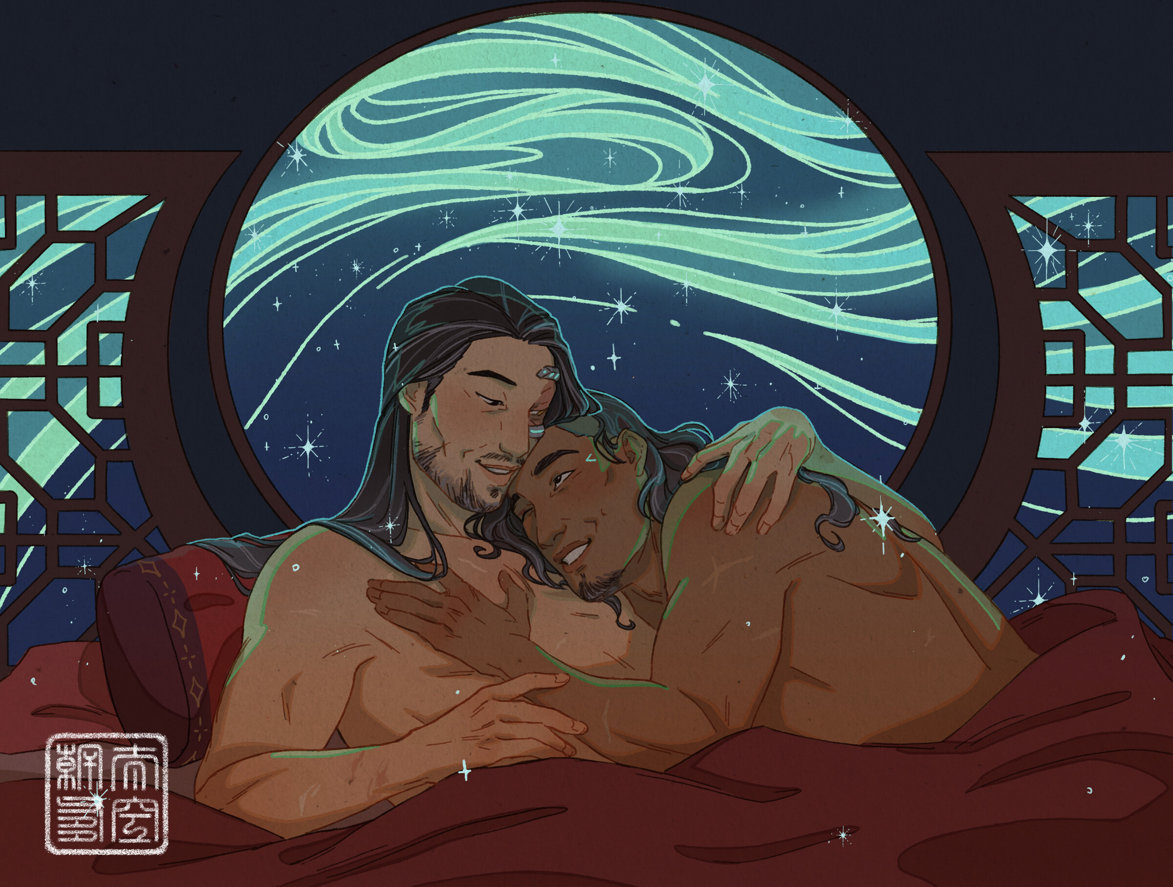 A coloured drawing of Sokka and Zuko in the afterglow. They are lying in bed cuddling and Sokka's head is pillowed on Zuko's chest, while Zuko is holding him. They are smiling at each other adoringly. Behind them there's a circular window out of which you can see the night sky and with a blazing aurora, and there are tiny stars all over the picture.