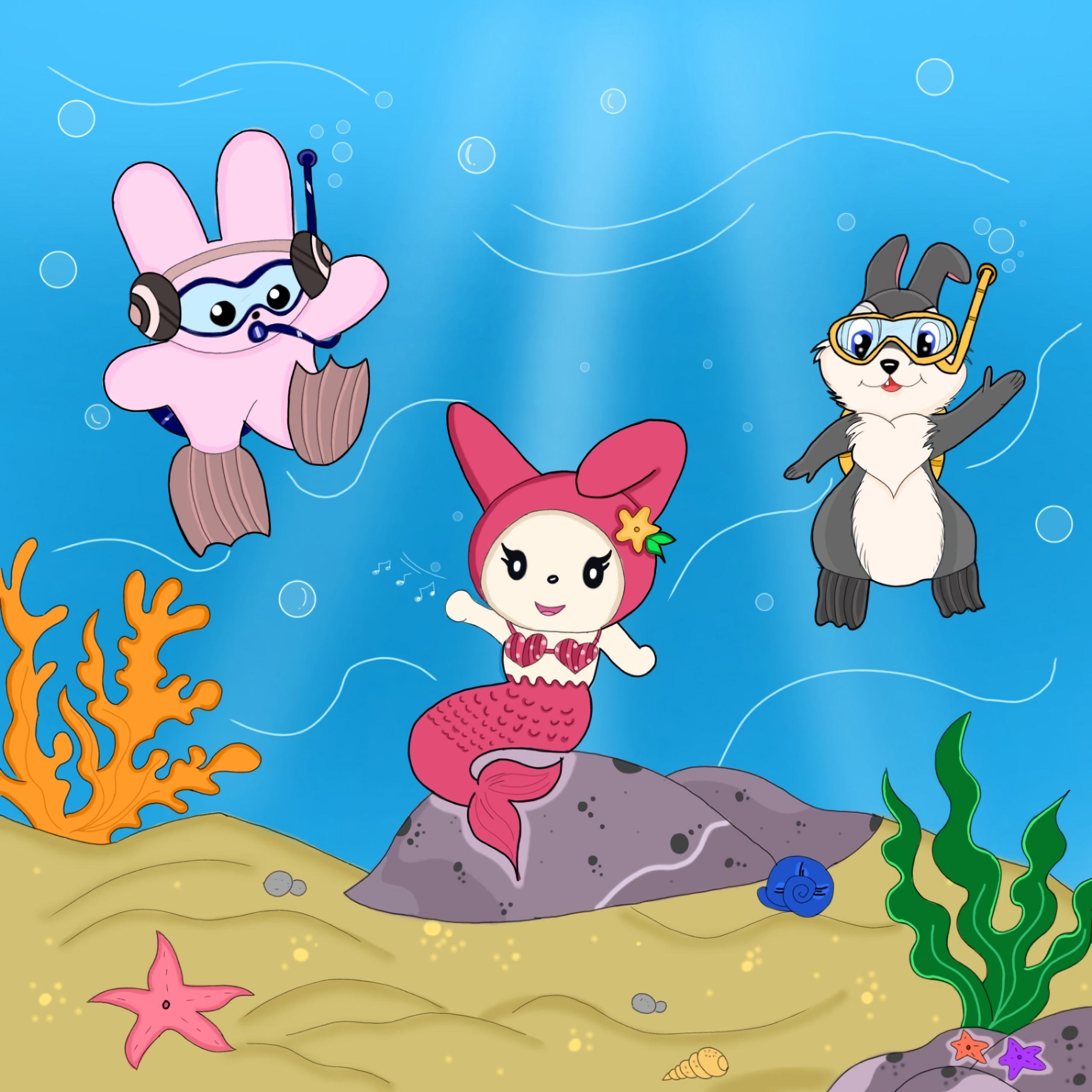 Under the ocean, Bunini and Thumper meet mermaid My Melody. They have swimming gear and they are happy.