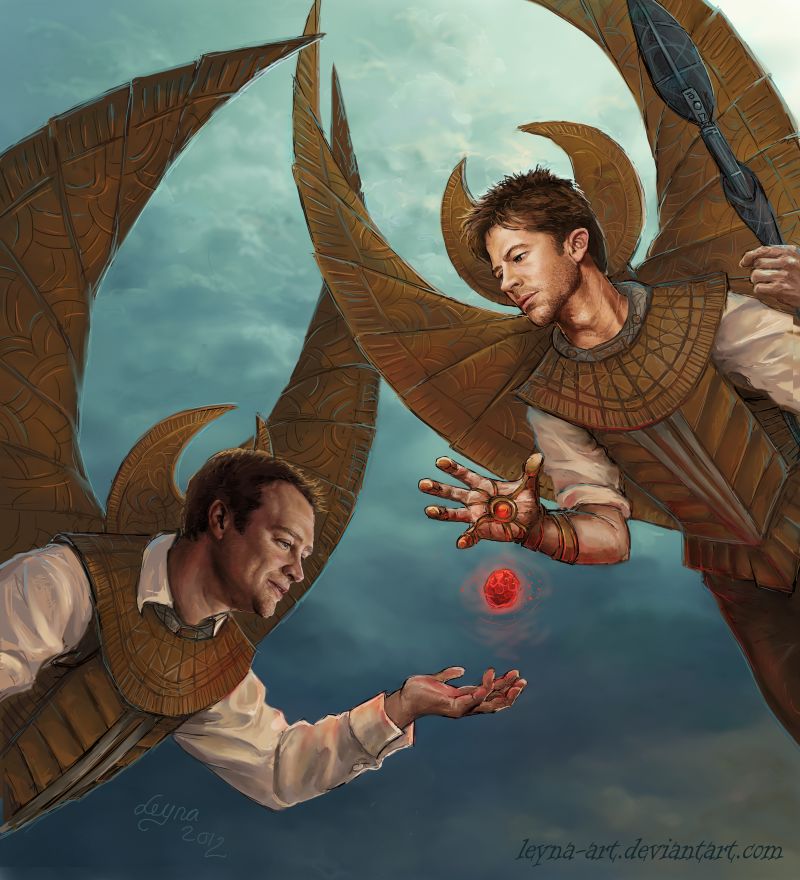 Wearing bronze winged serpent guard uniforms, John and Rodney pause mid-flight, to investigate a stolen glowing red orb