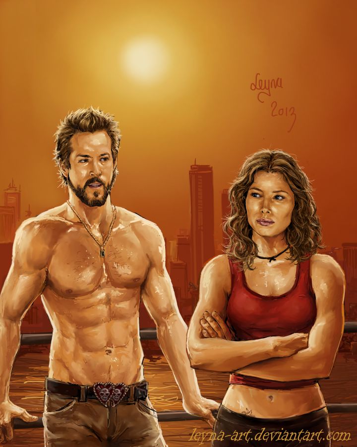 Abby and King eye each other under a sweltering orange sky