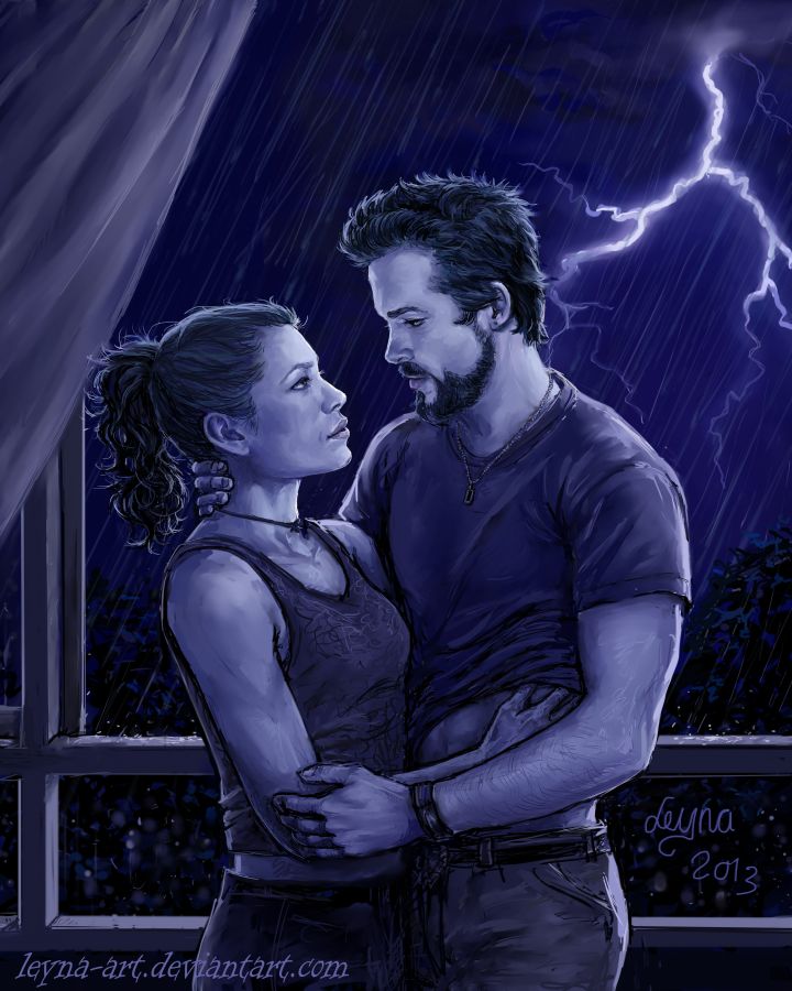 Abby and King clutch each other in a lightning storm