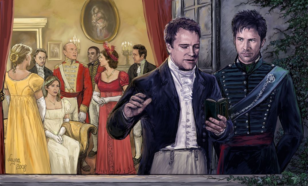 Rodney and John, dressed in Regency costume, converse quietly on a balcony while various other SGA characters can be seen inside the room behind them