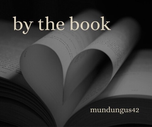 open hardcover book whose center pages are folded in to make a heart shape. Captioned with the title "by the book" and the author name mundungus42.