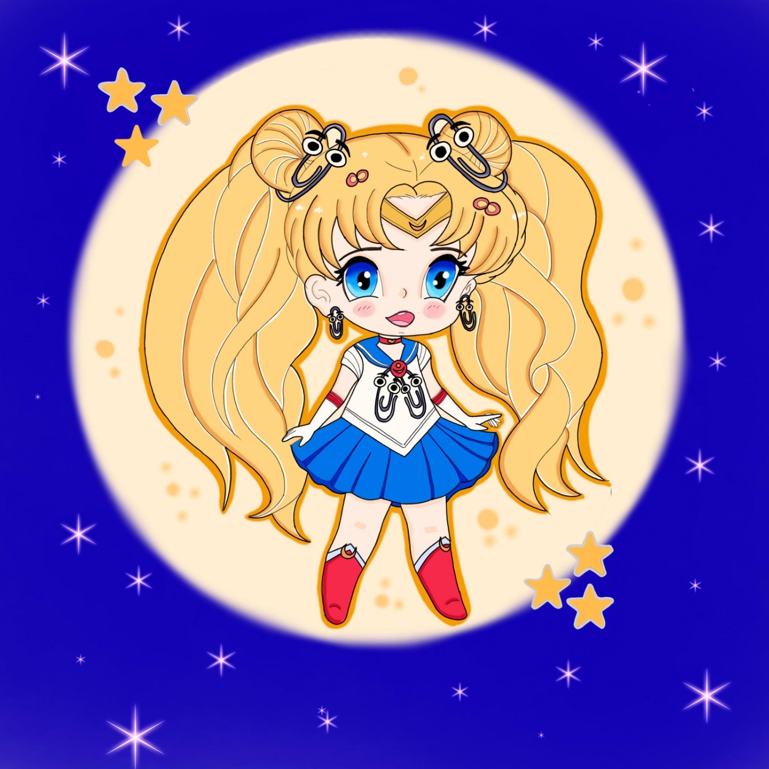A chibi drawing of a blonde magical girl resembling Sailor Moon. She has Clippy in her hair, as a ribbon on her chest, and as earrings.