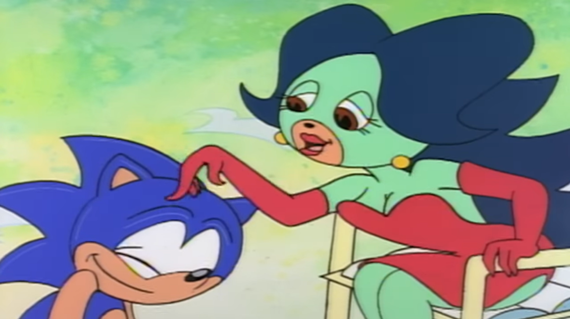 Screencap of Sonic the Hedgehog smiling as he's stroked on the head by Breezie, an anthro robotic hedgehog with green fur, blue quill-hair, and a red dress.