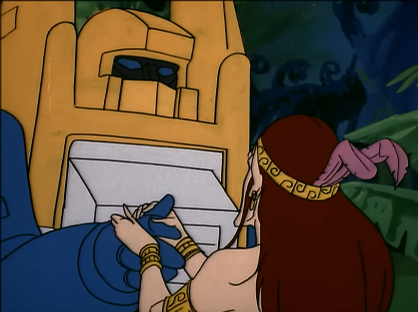 Alana, a humanoid woman wearing a pink dress and a circlet with twin feathers, looking up at Seaspray, a large mech wearing a face mask, as she holds his giant robotic hand.