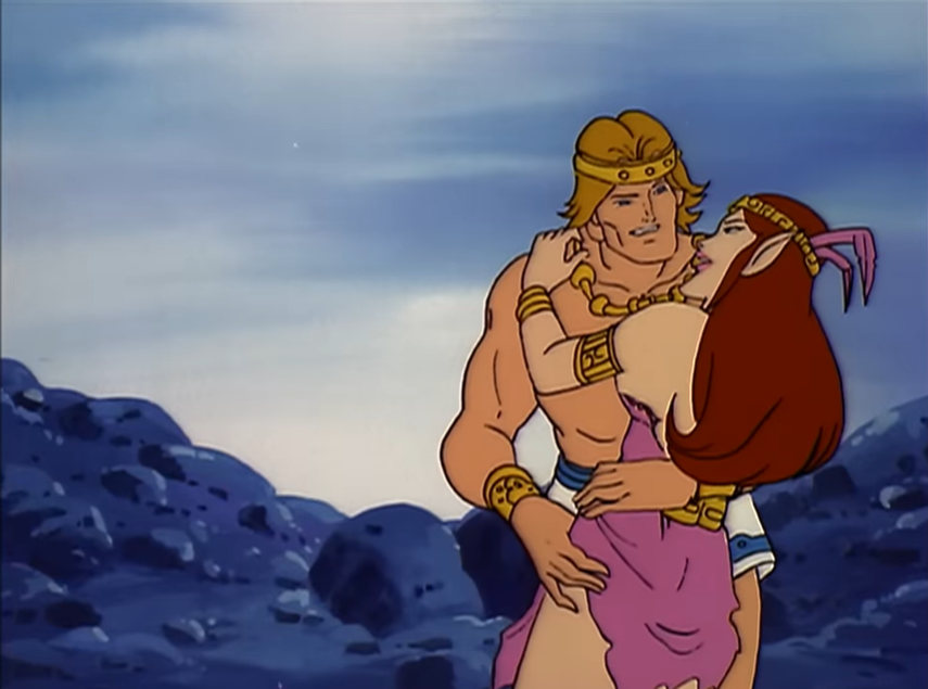 Alana swooning in the arms of Seaspray, now a blonde humanoid man of her species.