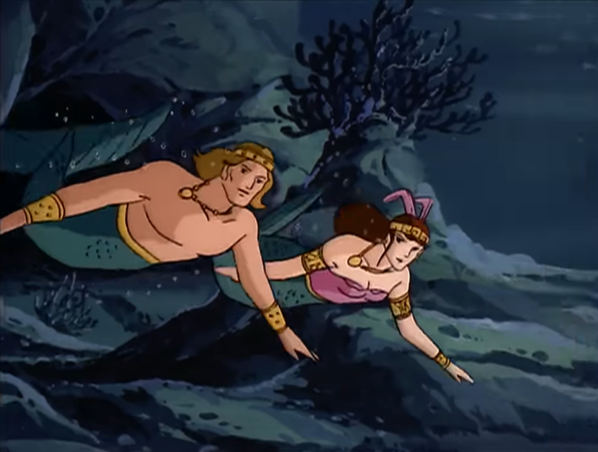 Alana swimming underwater with Seaspray. Both have shape-shifted into merfolk with green tails.