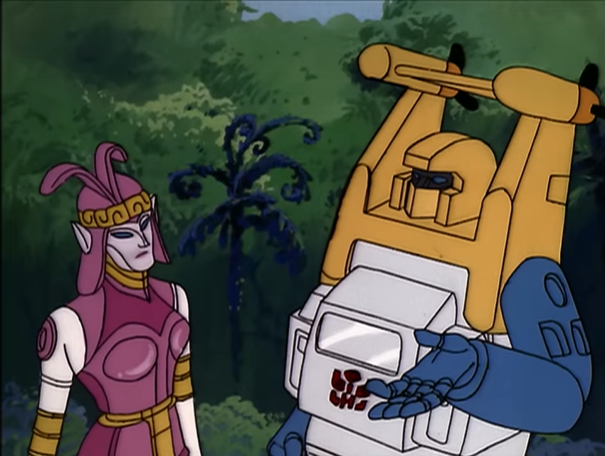 Alana, now transformed into a pink feminine mech around Seaspray's size, listens to him attentively as he's saying something.