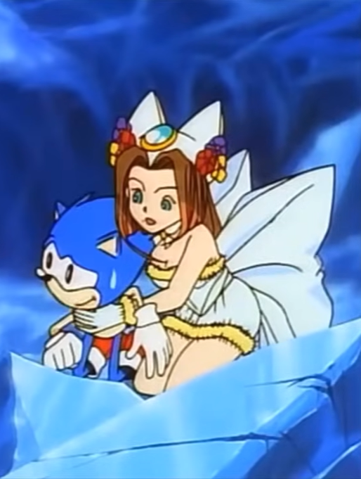 Sonic looking a little sheepish as he's being hugged by Sara, a catgirl wearing a white minidress with an enormous bow on the back.