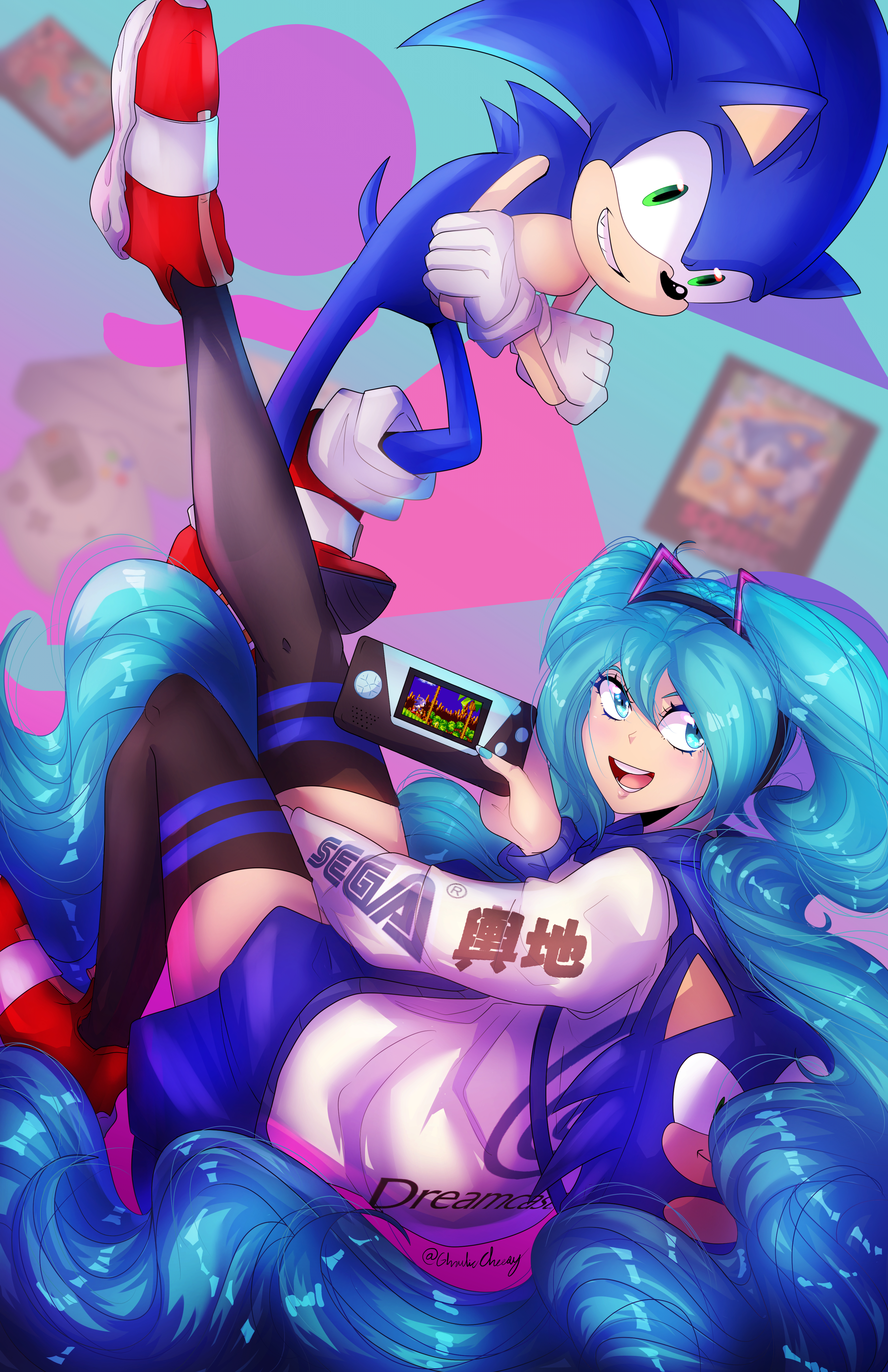 Fanart of Sonic floating above Miku and grinning with his arms crossed. Miku is smiling and wearing a Sonic backpack.