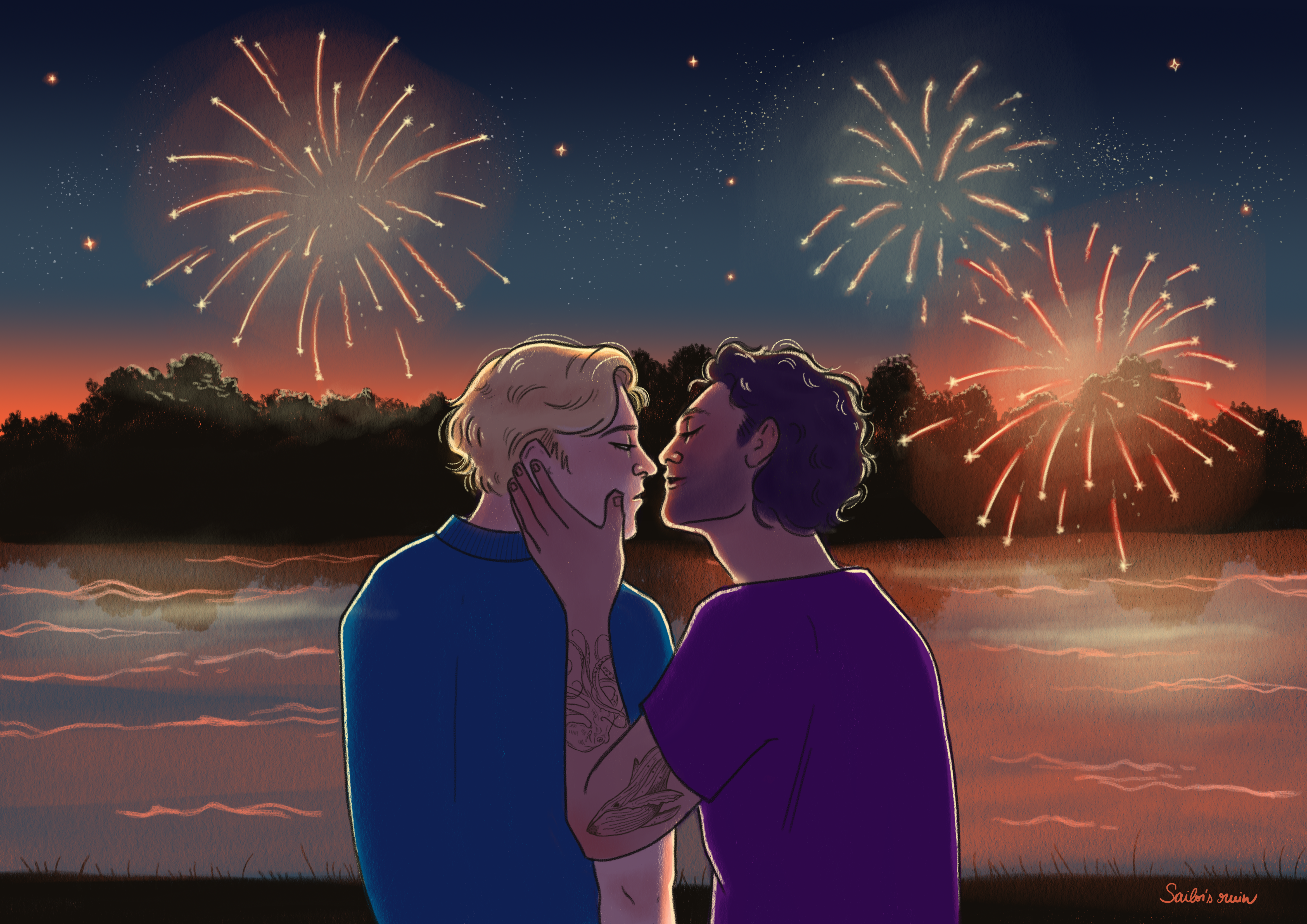 Stede and Ed by the side of a lake, about to kiss. Stede is looking at Ed’s lips; Ed is cupping Stede’s face. There are fireworks in the sky