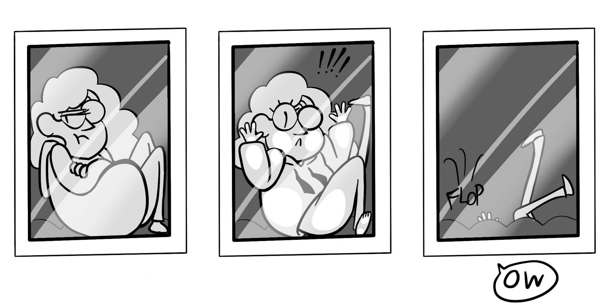 Panel one: human Bill Cipher sitting in a window seat grumpily staring out the window. Panel two: Bill reacts with surprise to something unseen out the window and squishes his face and hands against the glass. Panel three: Bill loses his balance and flops out of the window seat and out of view, saying "OW."