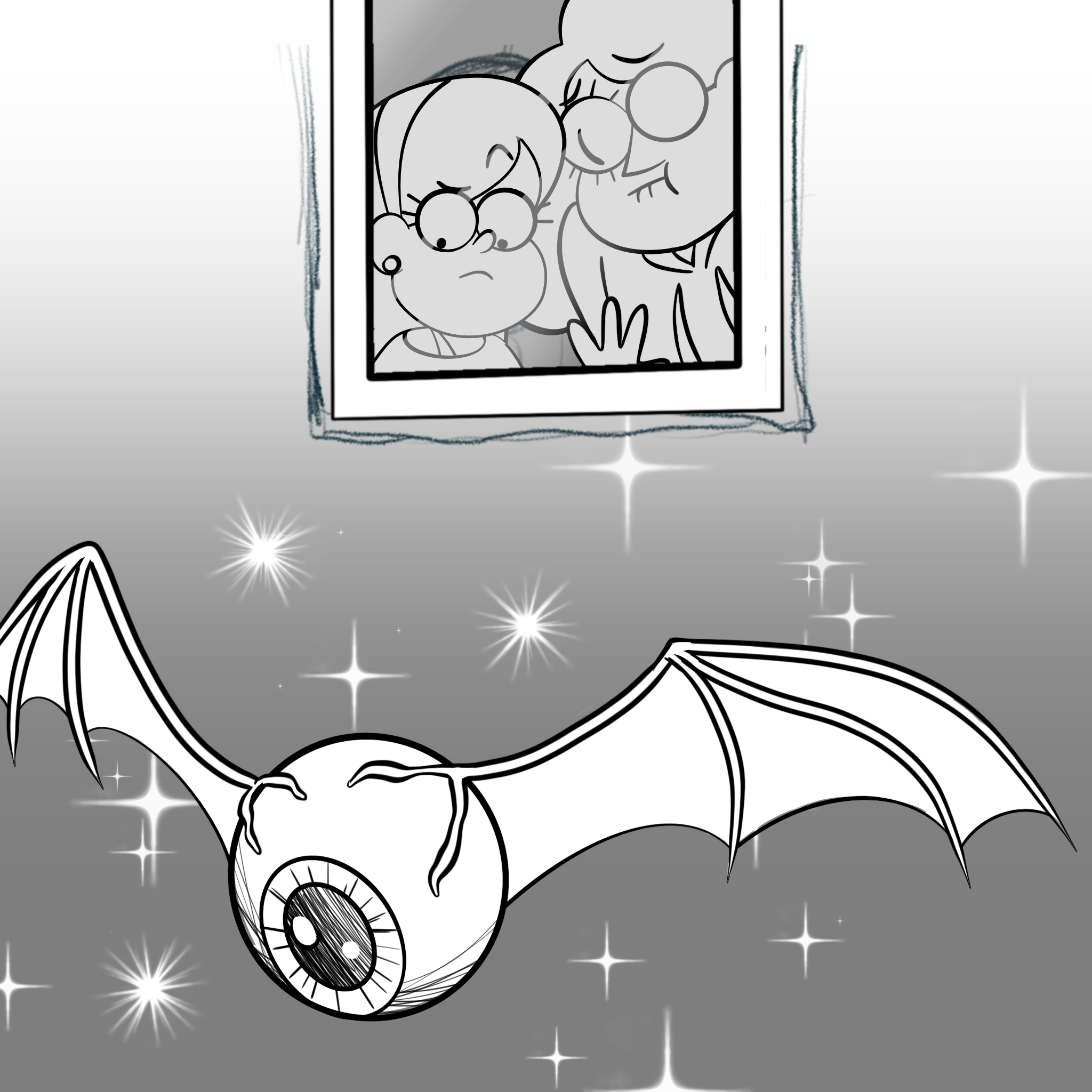 Panel six: Bill and Mabel look down from the window, Bill biting his lip, Mabel looking confused. Below them is an eye-bat—a gigantic flying eyeball with bat wings attached to the eyeball with thick veins. She's surrounded with sparkles to indicate how beautiful she is, assuming you're into flying eyeballs.