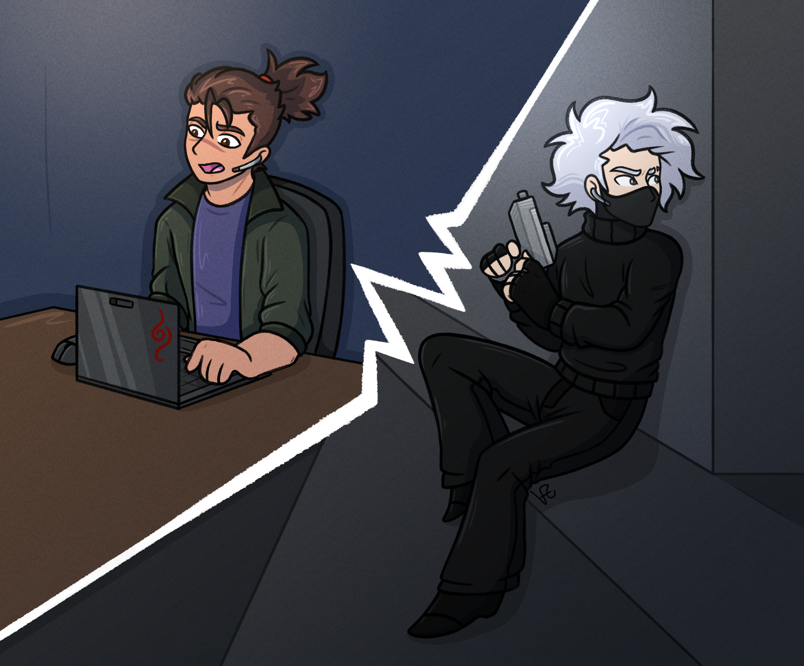 The image is a dual view of two men. On the left is a man with dark brown hair and warm brown eyes with a dark scar crossing the bridge of his nose. He sits at a computer bearing the ANBU logo, and wears an earpiece in his left ear. He looks concerned, and is speaking to someone. On the right side, divided by a bright white slash in the middle of the image, another man is crouched, back against the wall, frowning. He has silvery hair and a scar that vertically bisects his left eye and eyebrow. He is wearing black from head to toe, including a mask that covers the lower half of his face and fingerless gloves. He is holding a gun and staring intently through what appears to be a doorway of some sort. He is also wearing an earpiece in his right ear. The two men appear to be communicating via the earpieces.