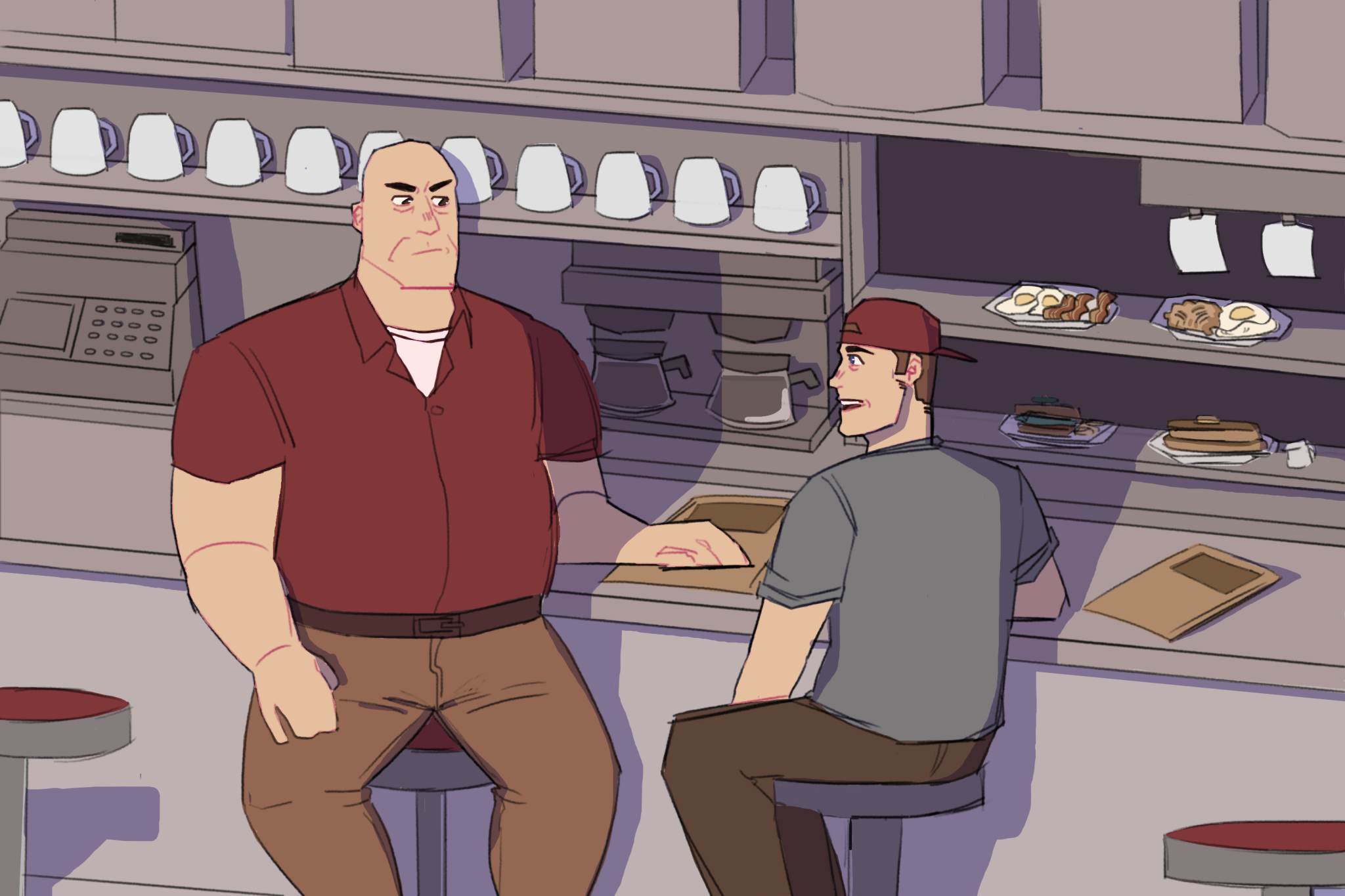 Heavy and Scout sitting at the counter