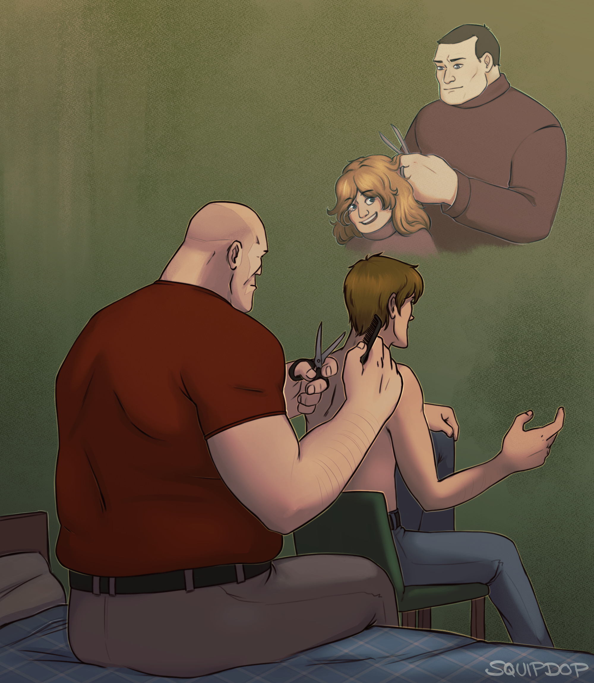 Heavy cutting Scout's hair