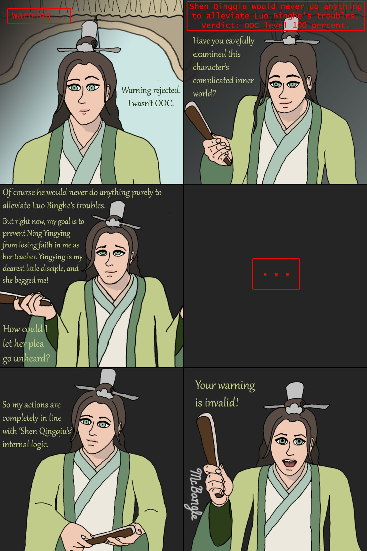 6 panel comic illustrating the scene where the System tries to give SQQ a warning for letting LBG ride in his carriage on the ride to Shuang Hu City