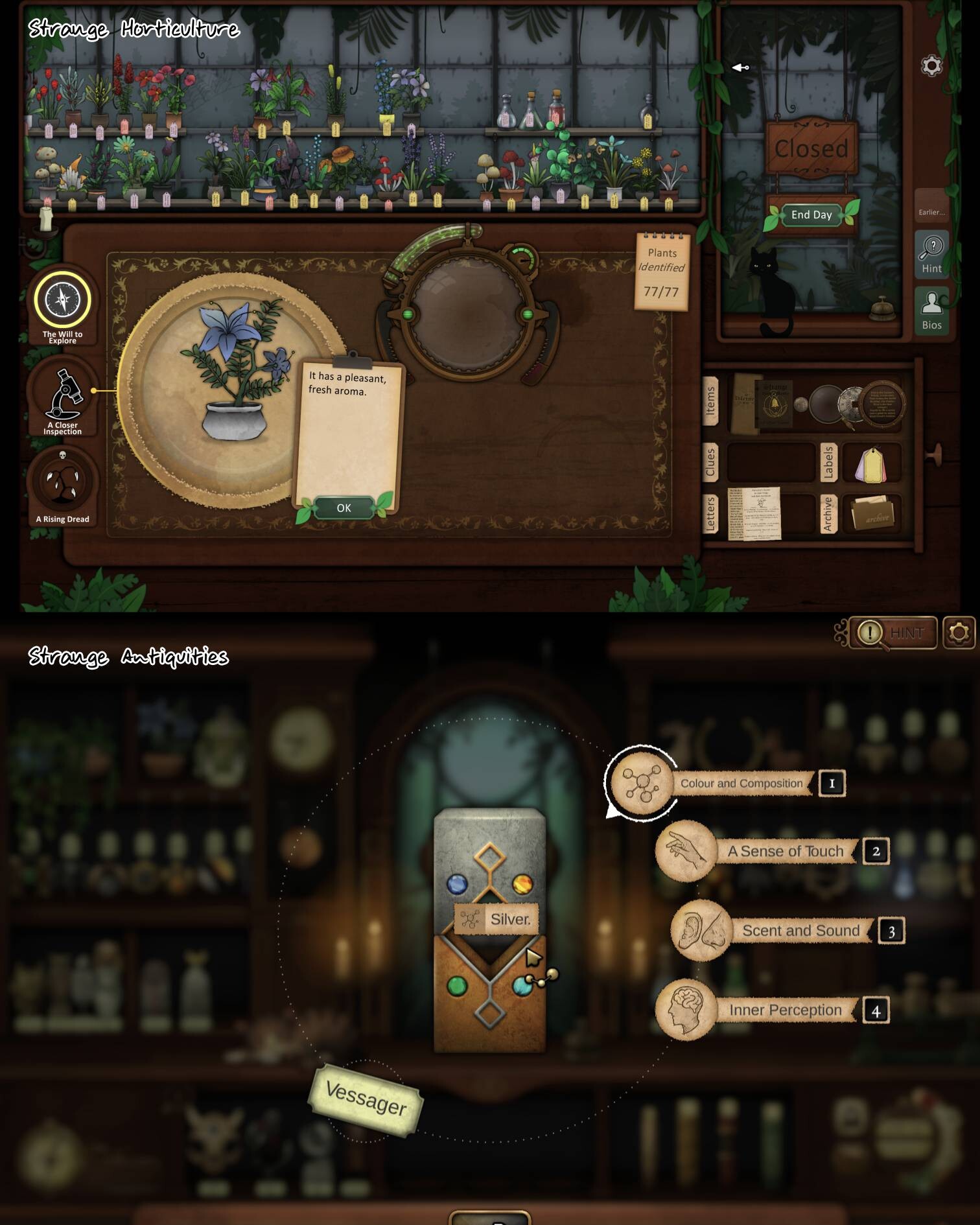 A comparison of the inspection window in Strange Horticulture vs. Antiquities