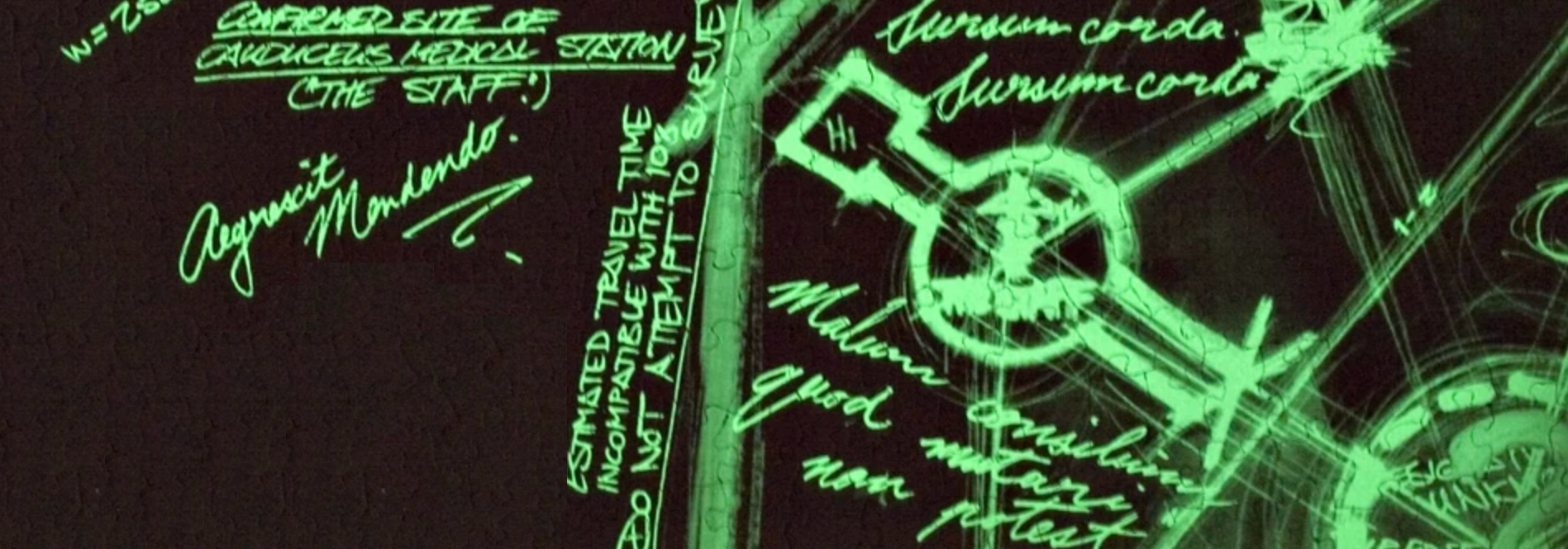 Glowing green text on a black background. There is the text in cursive 'Aegrescit medendo' and many lines making a kind of map and various messages that don't really make sense.