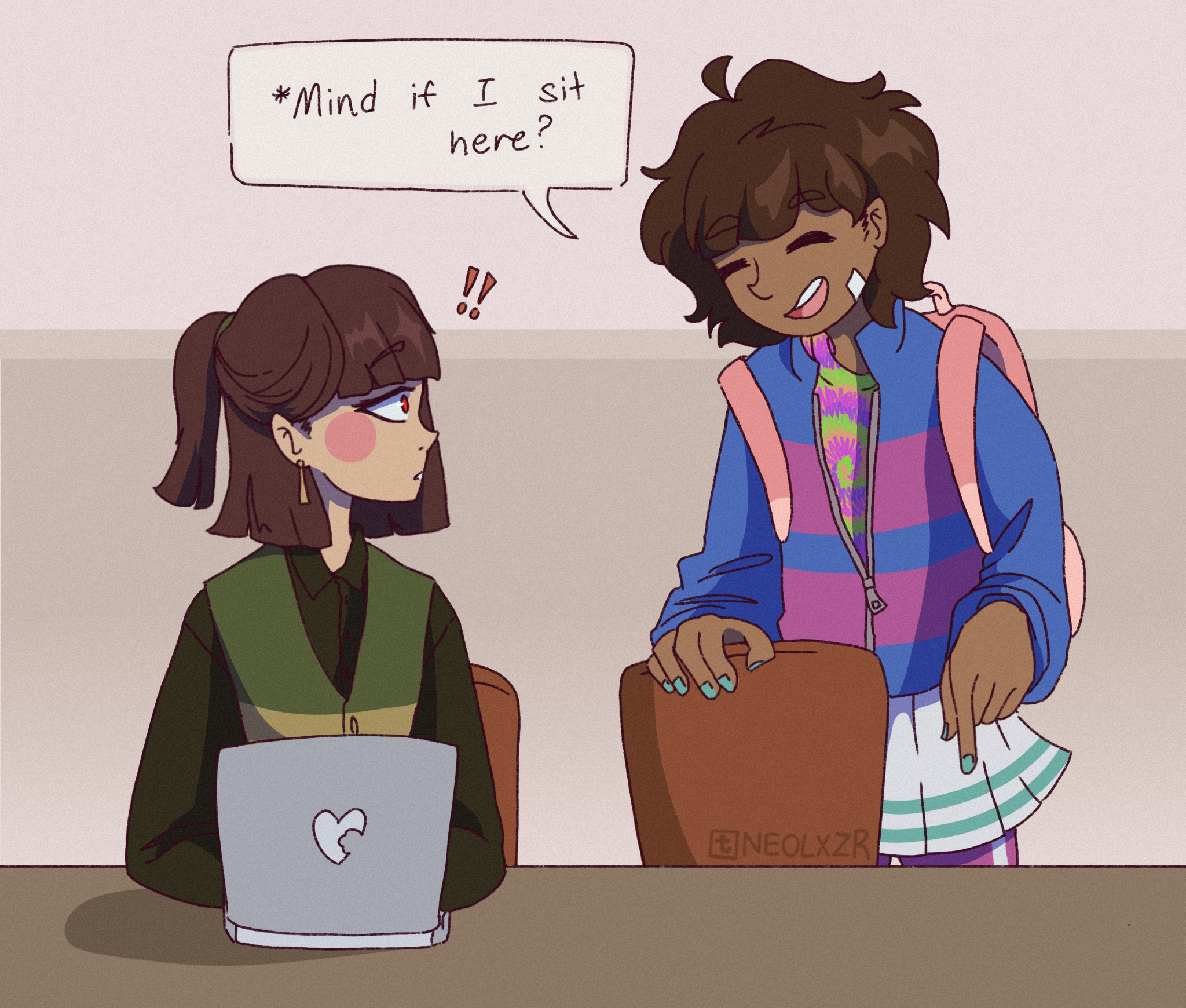 A digital drawing of Chara and Frisk from Undertale as if they were college-aged adults. Chara is sitting at a desk to left side, looking up at Frisk, who is pointing down at the empty seat next to them. A speech bubble coming from Frisk reads: "Can I sit here?"