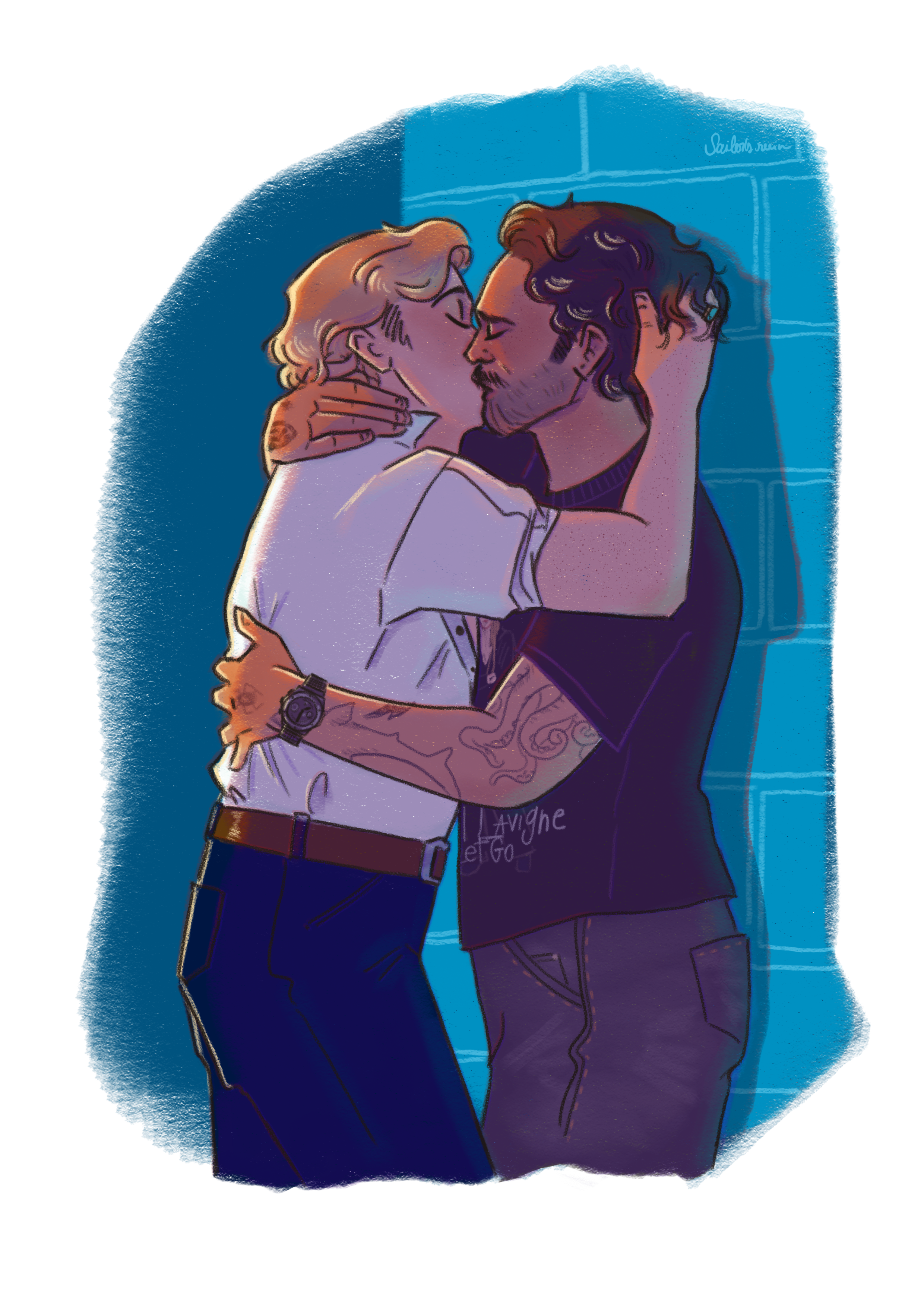 Ed and Stede from OFMD kissing against a wall in 2008.