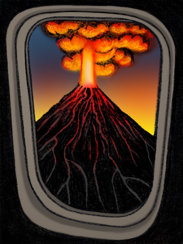 Aeroplane window view of an erupting volcano with red-orange clouds above and lava running down.