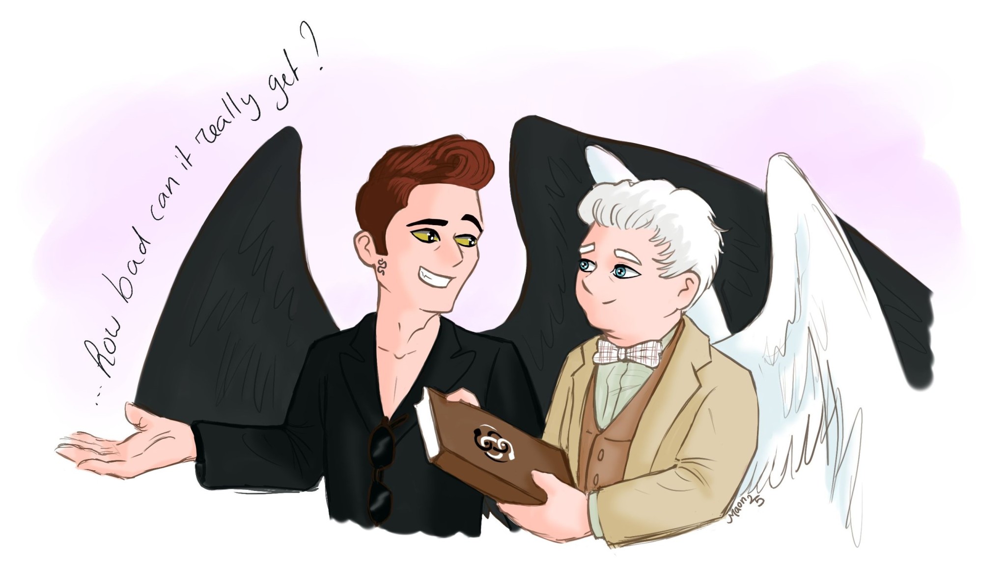 Art by Maon25 showing a stylized version of Aziraphale and Crowley getting ready to enter the Swamps of Sadness with Aziraphale holding the Auryn and Crowley asking 'How bad can it really get?'