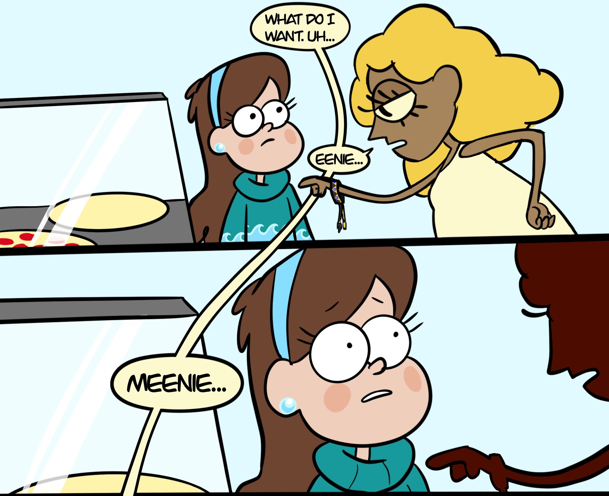 Panel one: human Bill Cipher looking at a glass case displaying two pizzas, with Mabel Pines standing nearby looking at him. Bill says, "What do I want, uh... Eenie..." Panel two: Close up on Mabel's face, looking worried, as Bill continues saying, "Meenie..."