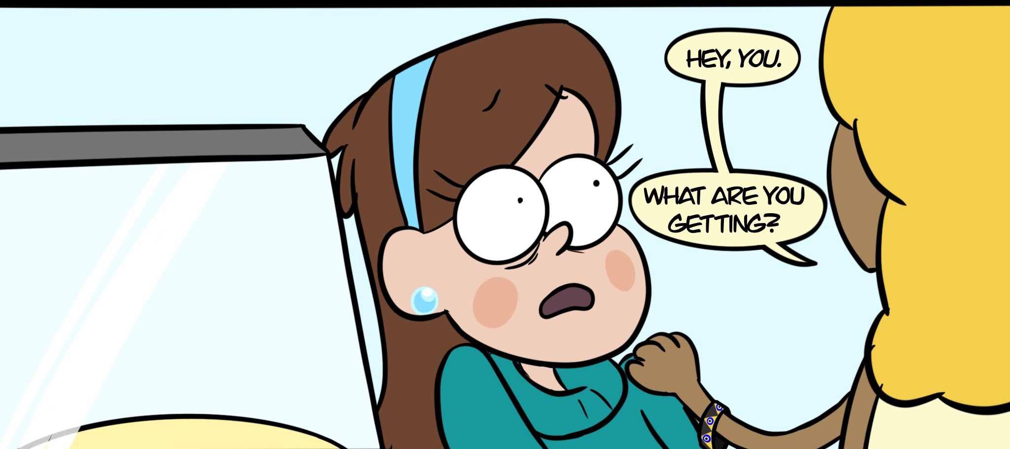 Panel seven: Mabel—back in front of the pizza case with human Bill—staring at him in fear. He's grabbing her shoulder and saying, "Hey, YOU. What are you getting?"