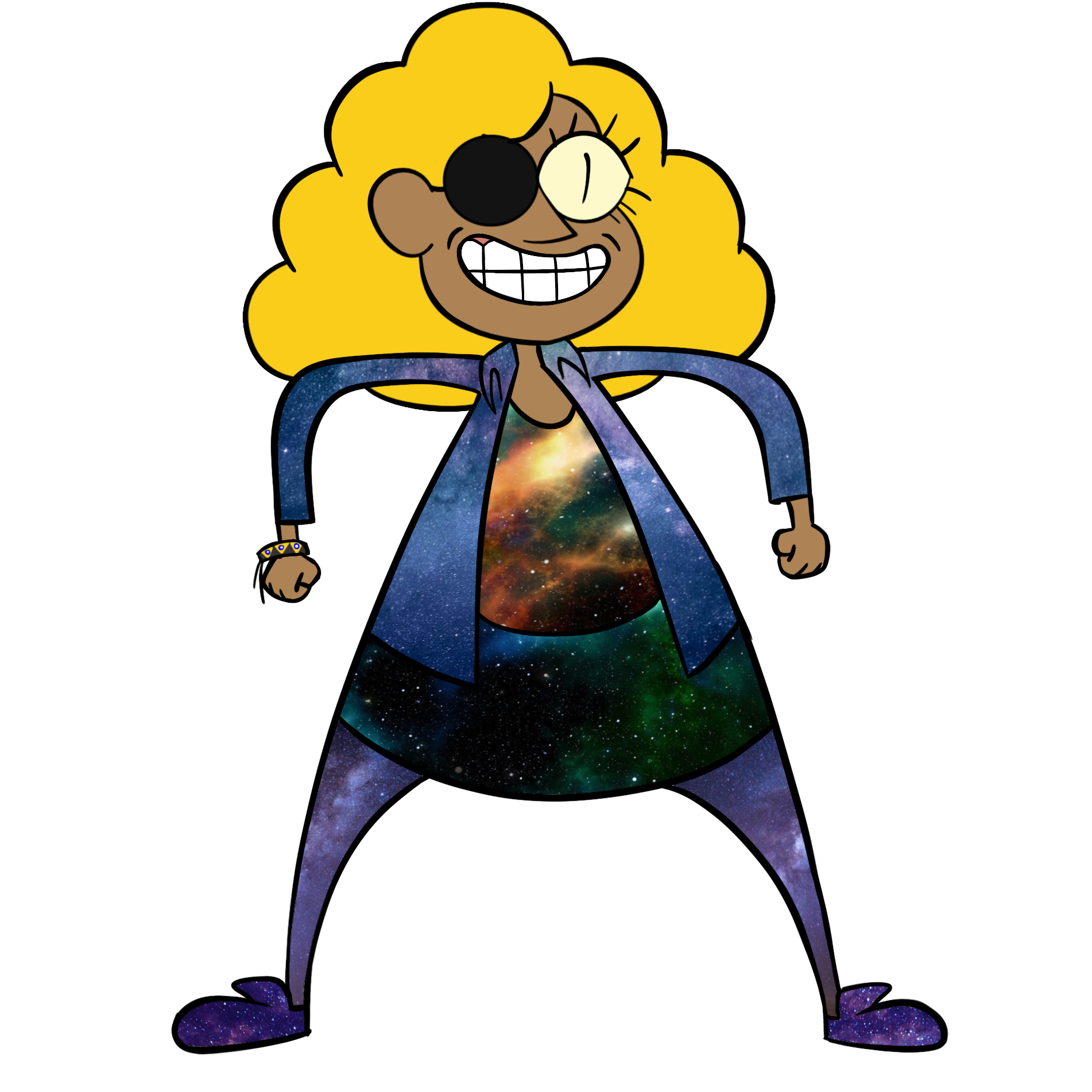 Human Bill Cipher wearing an unbuttoned shirt, undershirt, skirt, leggings, and shoes that all have different galaxy print patterns on them