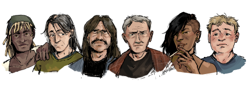 A line of six characters, seen from shoulder up.