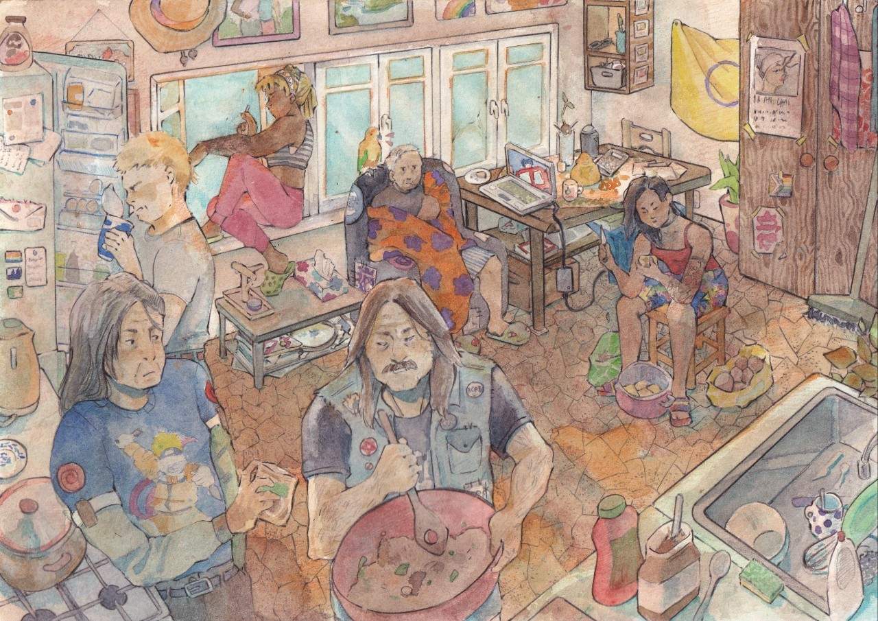 A watercolor image depicting the characters sitting in the kitchen during the last scene.