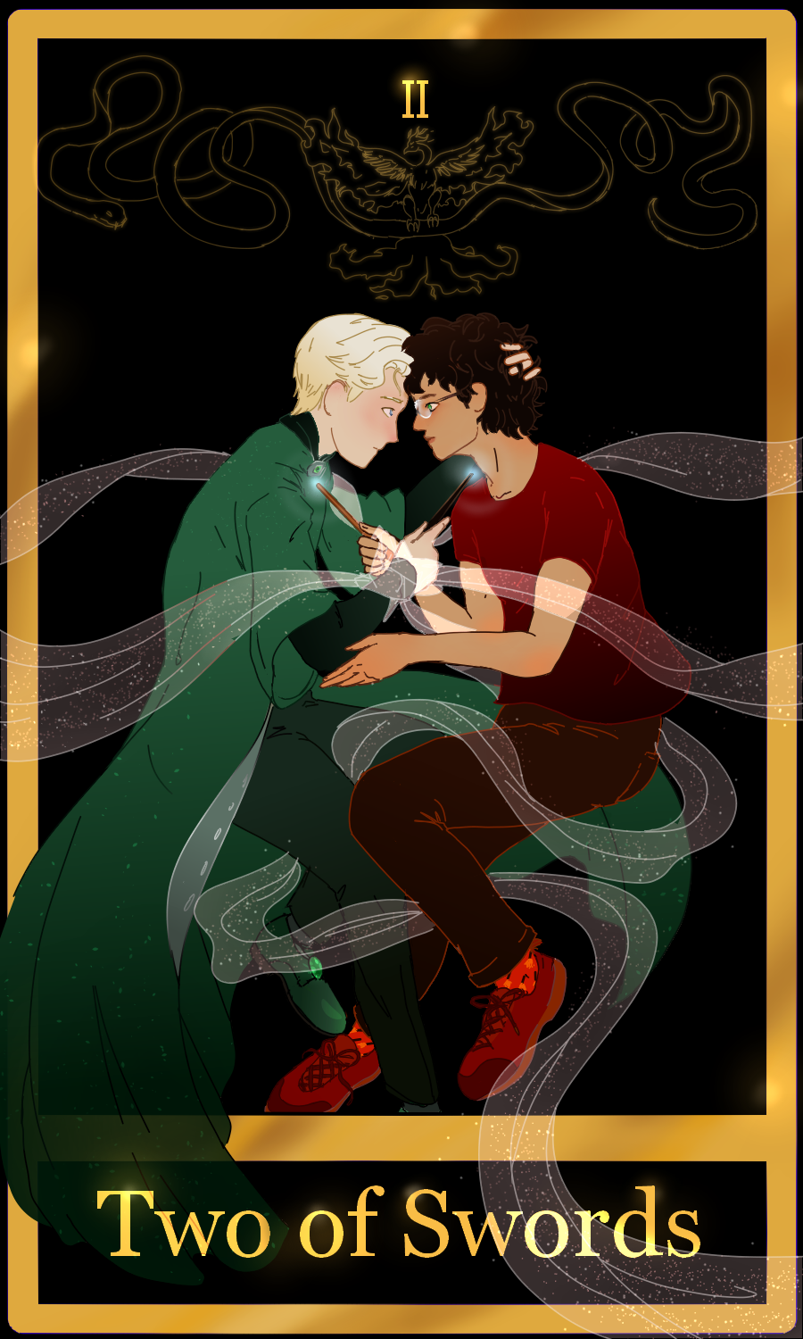 Full Two of Swords Tarot Card. It has a black background with a simple gold border around it, with lettering in gold. Draco Malfoy dressed in a fancy green cloak is curled around Harry Potter who is in a red t-shirt and fancy brown pants. They are holding each other with one of their arms: Draco has his hand in Harry's hair, and Harry has his on Draco's wand arm. They are resting their foreheads together and looking into each other's eyes. Between them, they are pointing their wands at each other. Their wand arms are crossed, and where they cross a sparkly transluscent fabric ties them together and leads off screen. There is a gold line drawing of a phoenix with a snake in its claws across the top of the card. Harry is wearing Chudley Cannon socks.