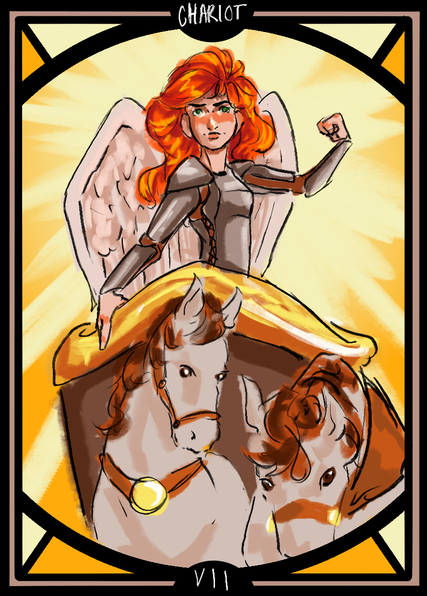 Geminitay stands, with white wings, on a gold chariot with two white horses