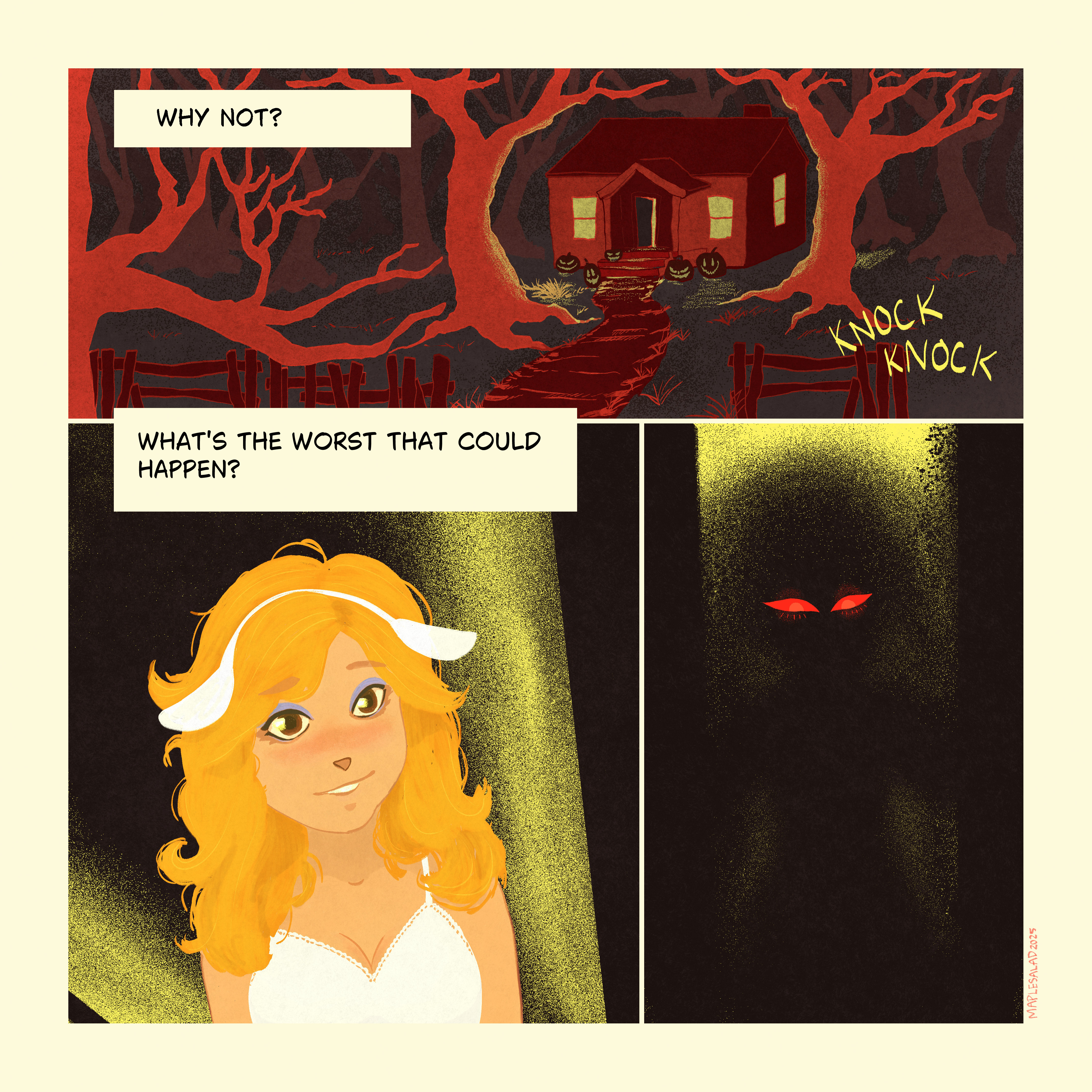 A comic. The first panel shows a creepy house in the woods. 