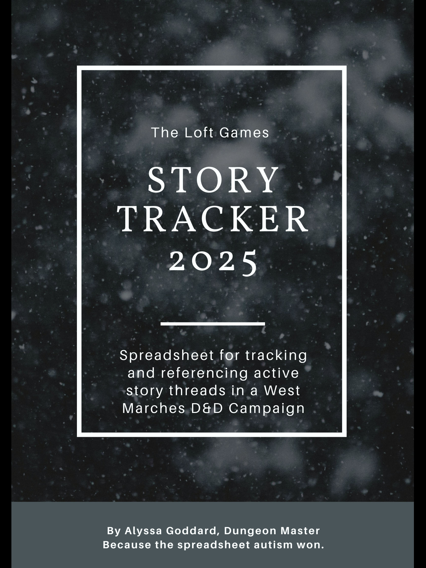 A book-style title page, reading: The loft games story tracker 2025, spreadsheet for tracking and referencing active story threads in a West Marches D&D Campaign, by Alyssa Goddard, Dungeon Master, because the spreadsheet autism won.