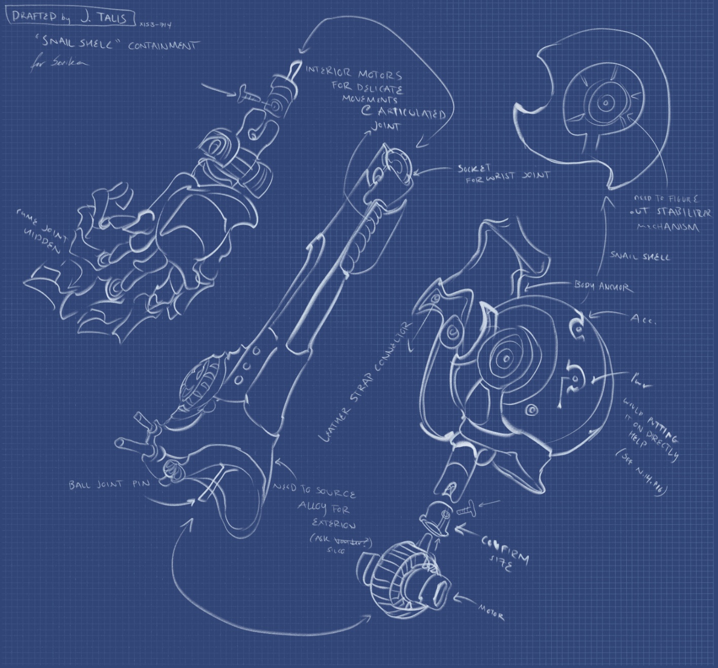 schematic of prosthetic arm, drafted by j. talis, Snail shell containment, for sevika with notes from the drafter