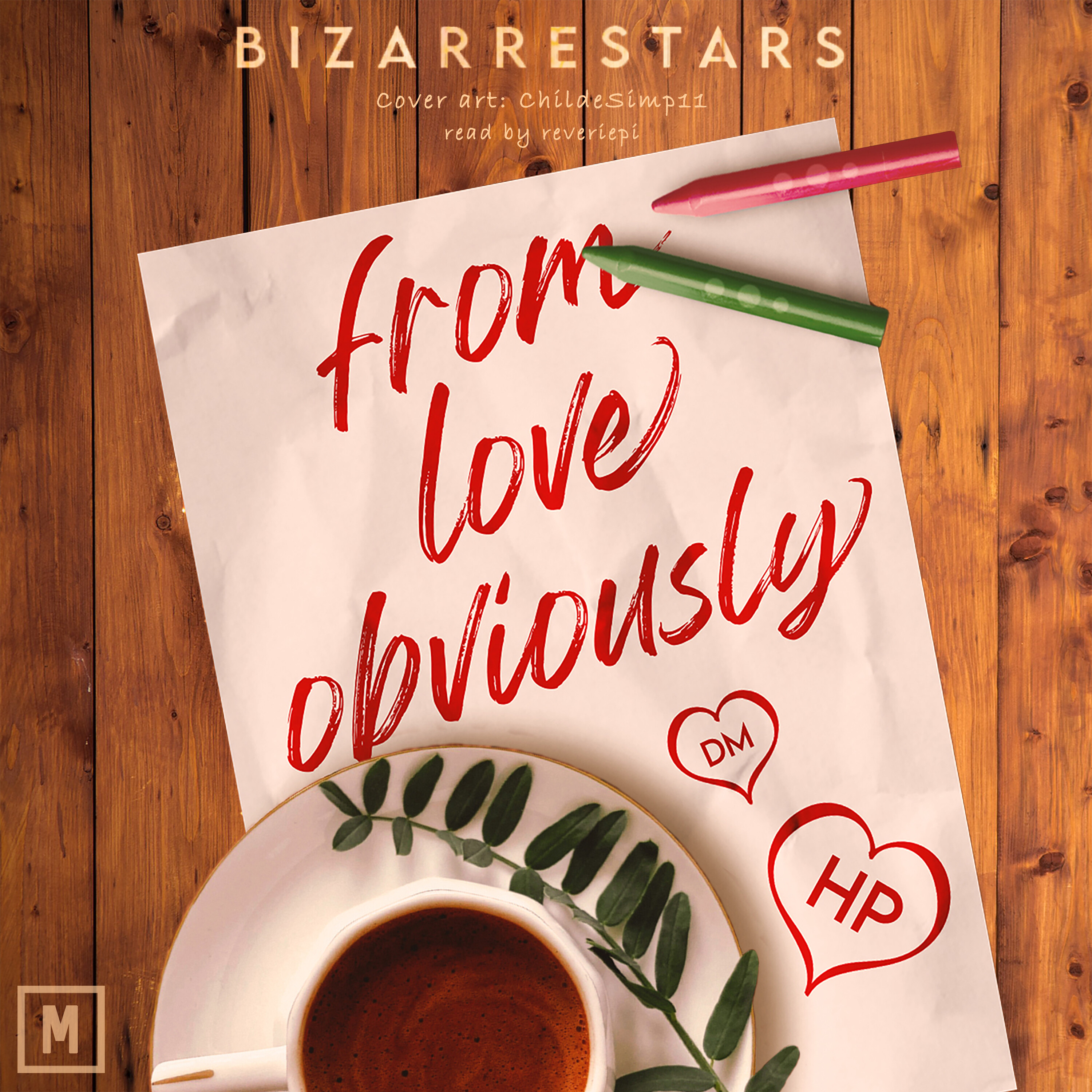 A cup and saucer with a sprig of tea on top of a piece of paper with a red and green crayon on a wooden table.