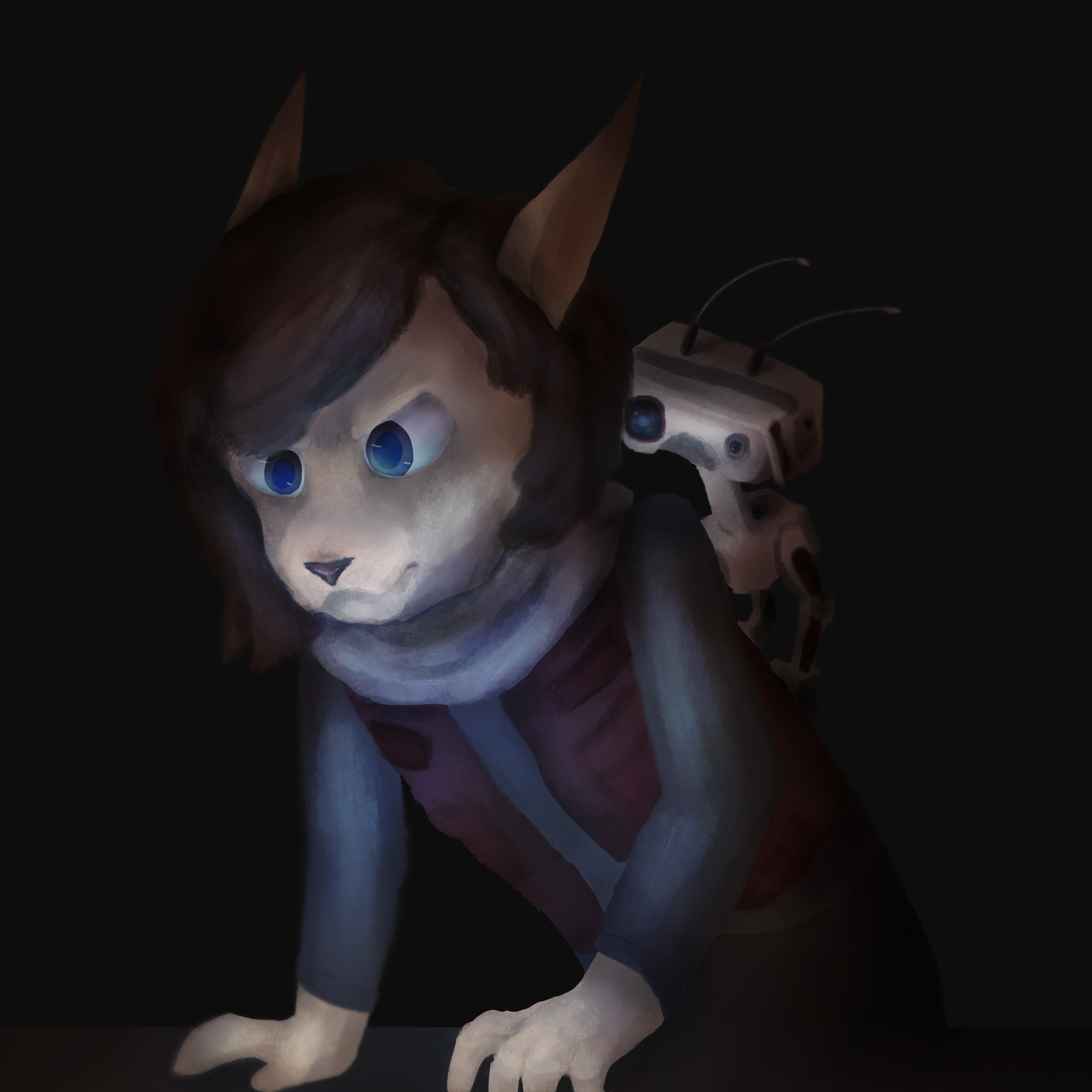Eshka the Bothan and BD-1 lean over a desk, lit by a computer screen's glow.