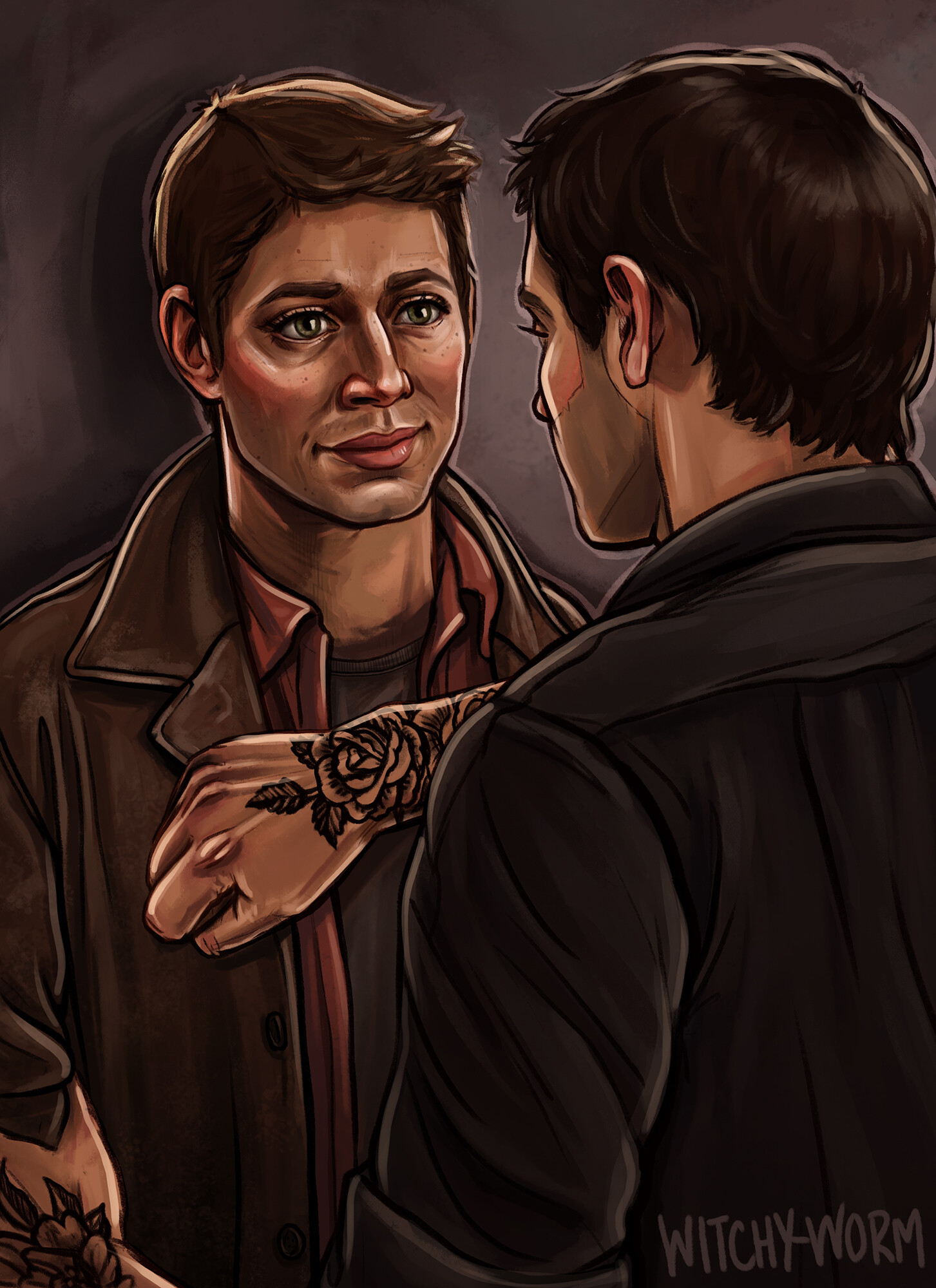 Cas pining Dean against the wall with his forearm. Dean is smirking and you can see the flower tattoos on Cas' arms.