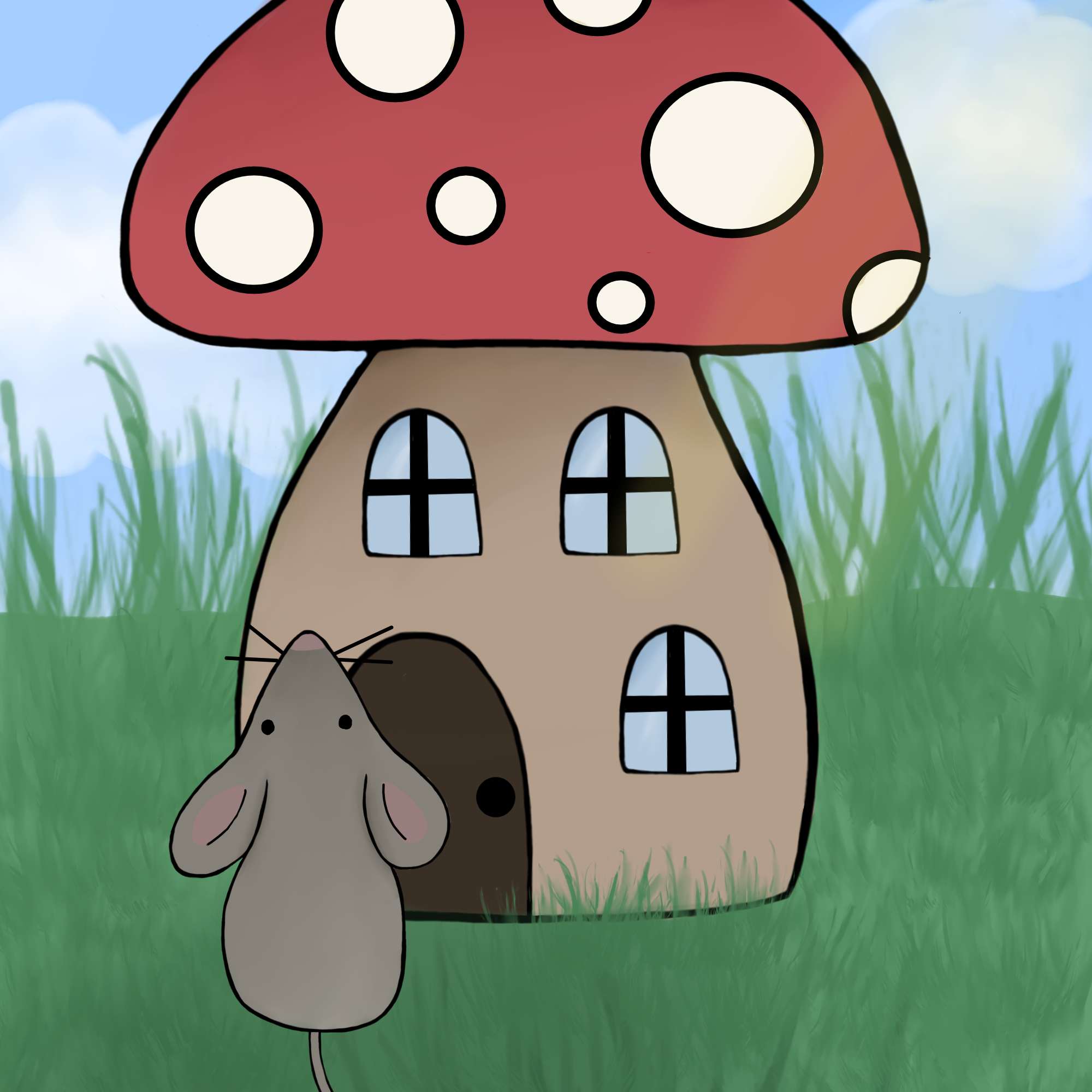 Grey mouse standing in grass looking up at red mushroom house on a cloudy day.