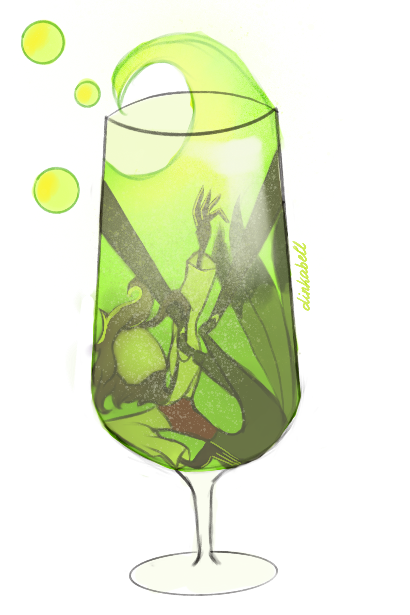 Stolas inside a glass of absinthe, reaching upwards.