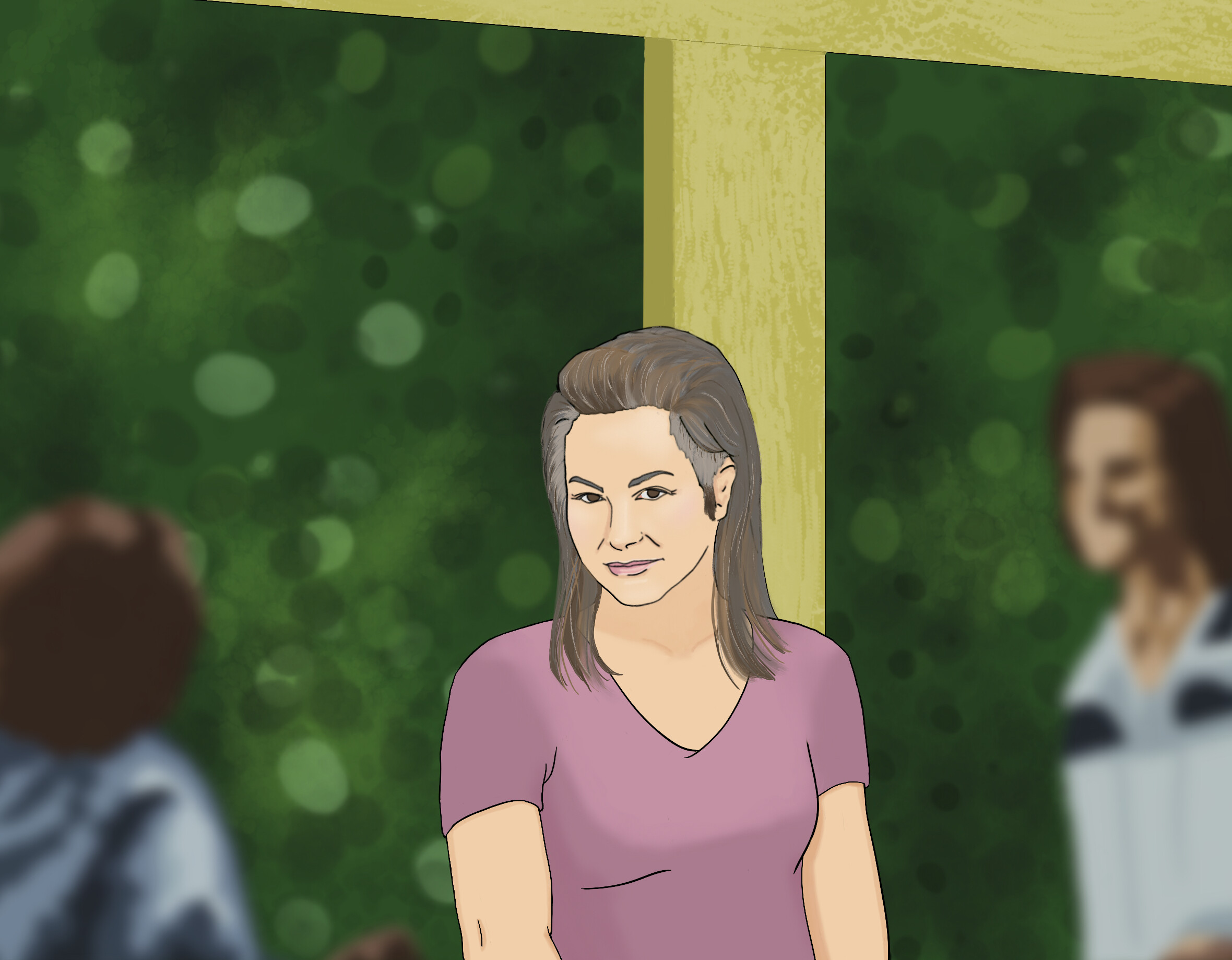 Jody with shoulder-length greying hair takes the place in sharp focus of the "blurry wife" from "Carry On" in mauve dress on pale yellow porch against a rich dappled green background.  Blurry in the foreground are Sam and Dean Jr. playing catch.